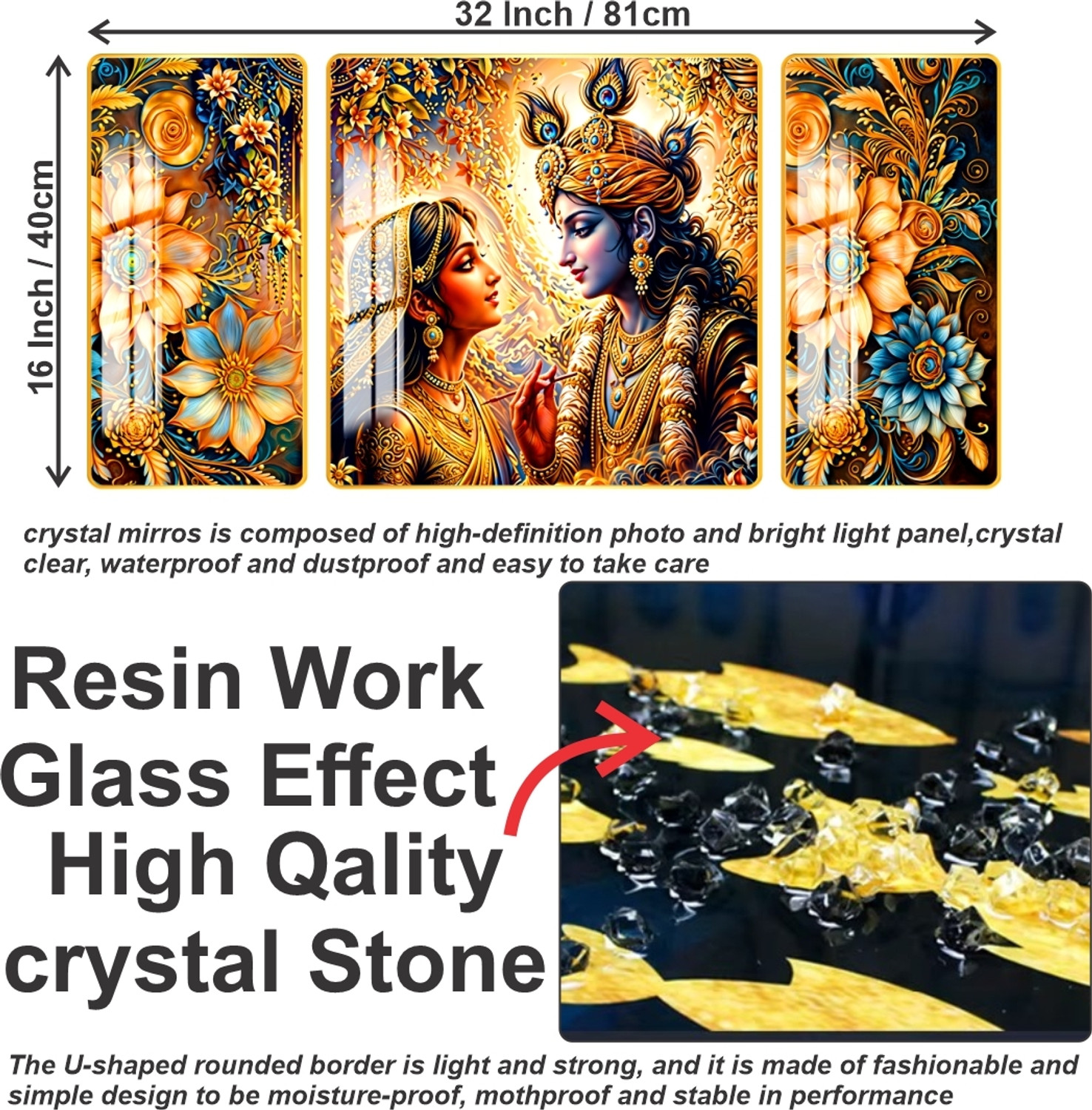 Image of WALLMAX Set of 3 Premium Radha Krishna Crystal Wall Painting Home Decorative Gift Item Resin Painting 16 inch x 32 inch Painting