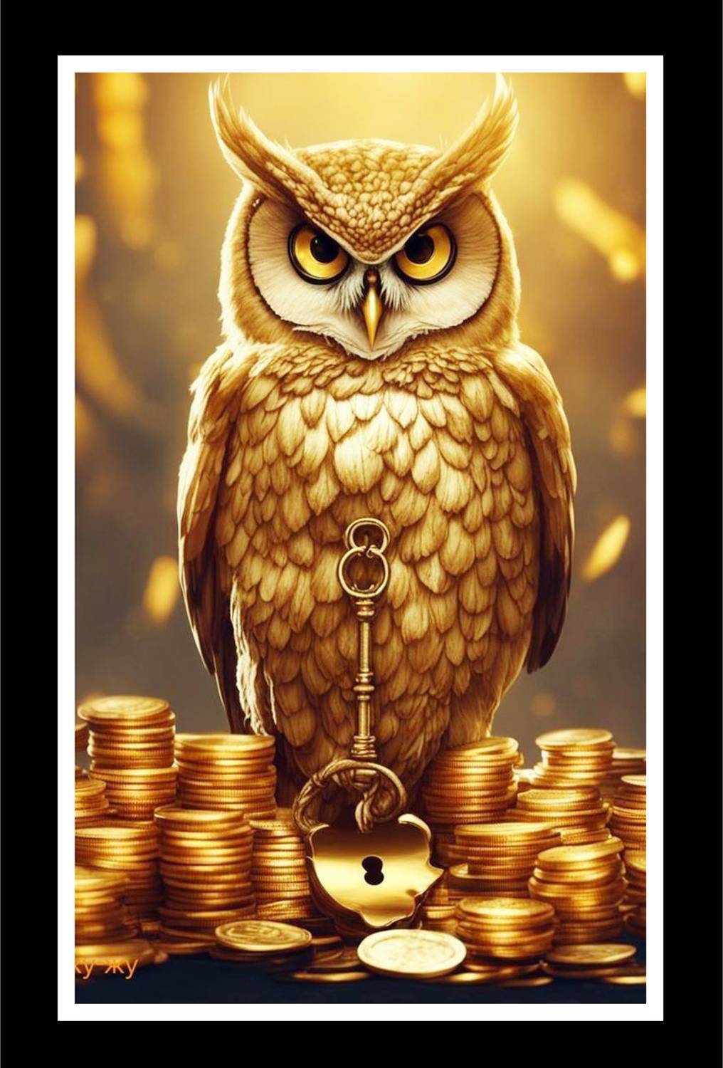 AARTKALA Vastu Lucky Golden Owl Symbol Wall Photo Frame Canvas 12 inch x 8 inch Painting