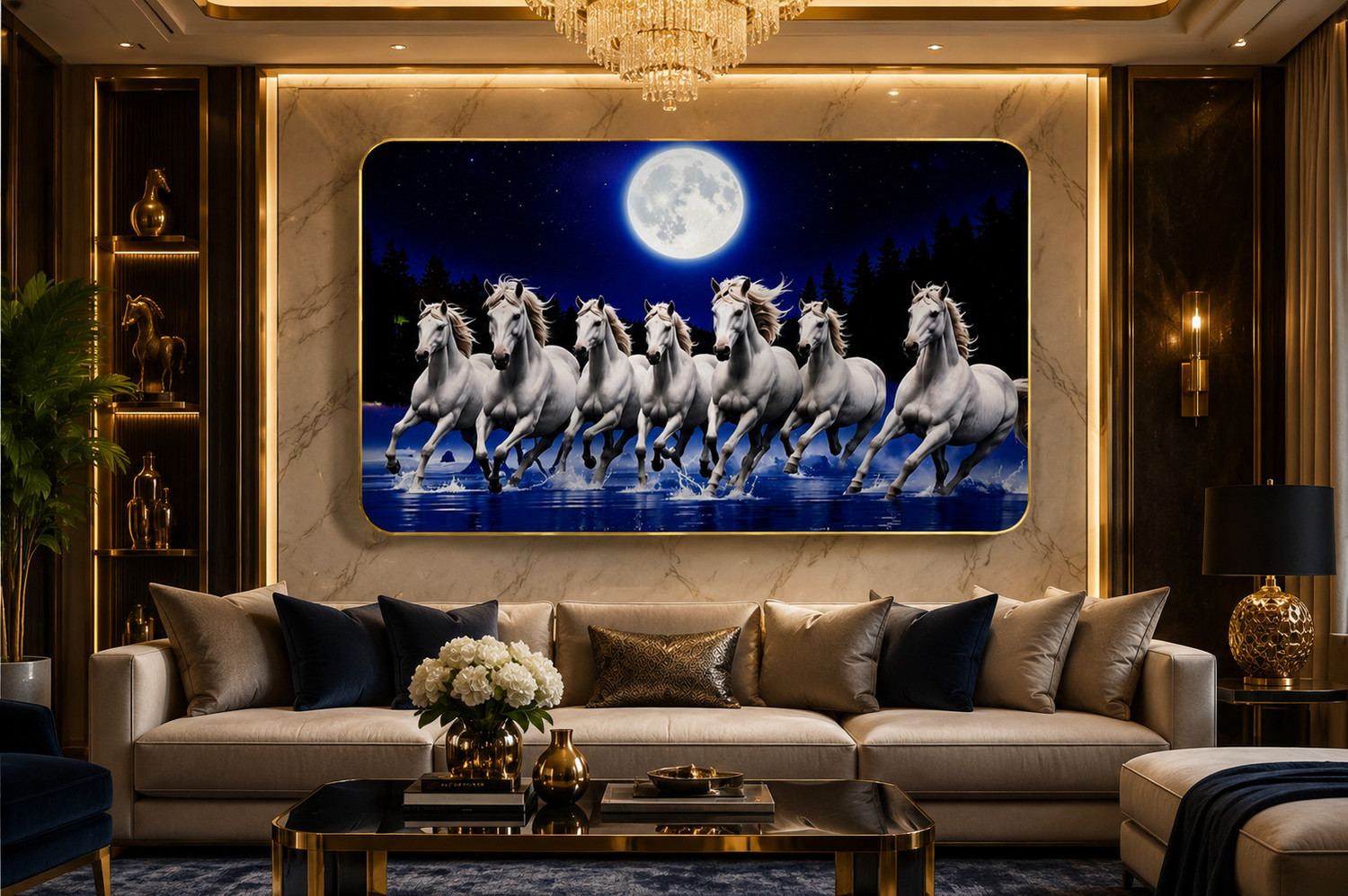 Image of SHRI KHATU SHYAM CREATION Creation 7 horses Photo frame 3D Painting 12 inch x 18 inch Painting