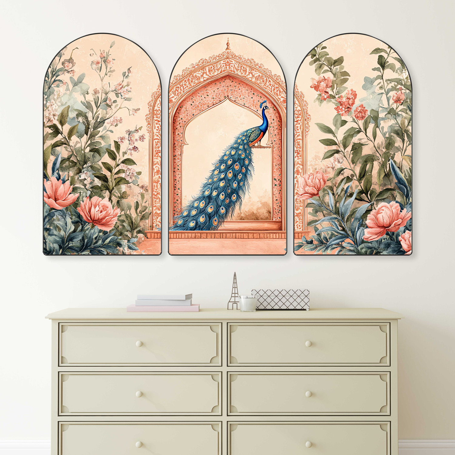Image of saf Peacock Wall Art | Set of 3 MDF Panel Paintings Digital Reprint 30 inch x 50 inch Painting