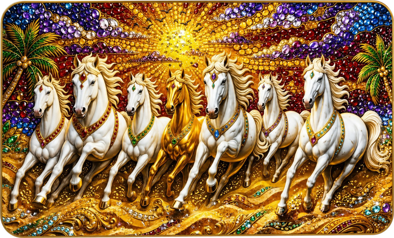 Image of ArtMantra Vastu 7 Running Horses 3D Crystal Embedded Wall Painting Digital Reprint 18 inch x 12 inch Painting