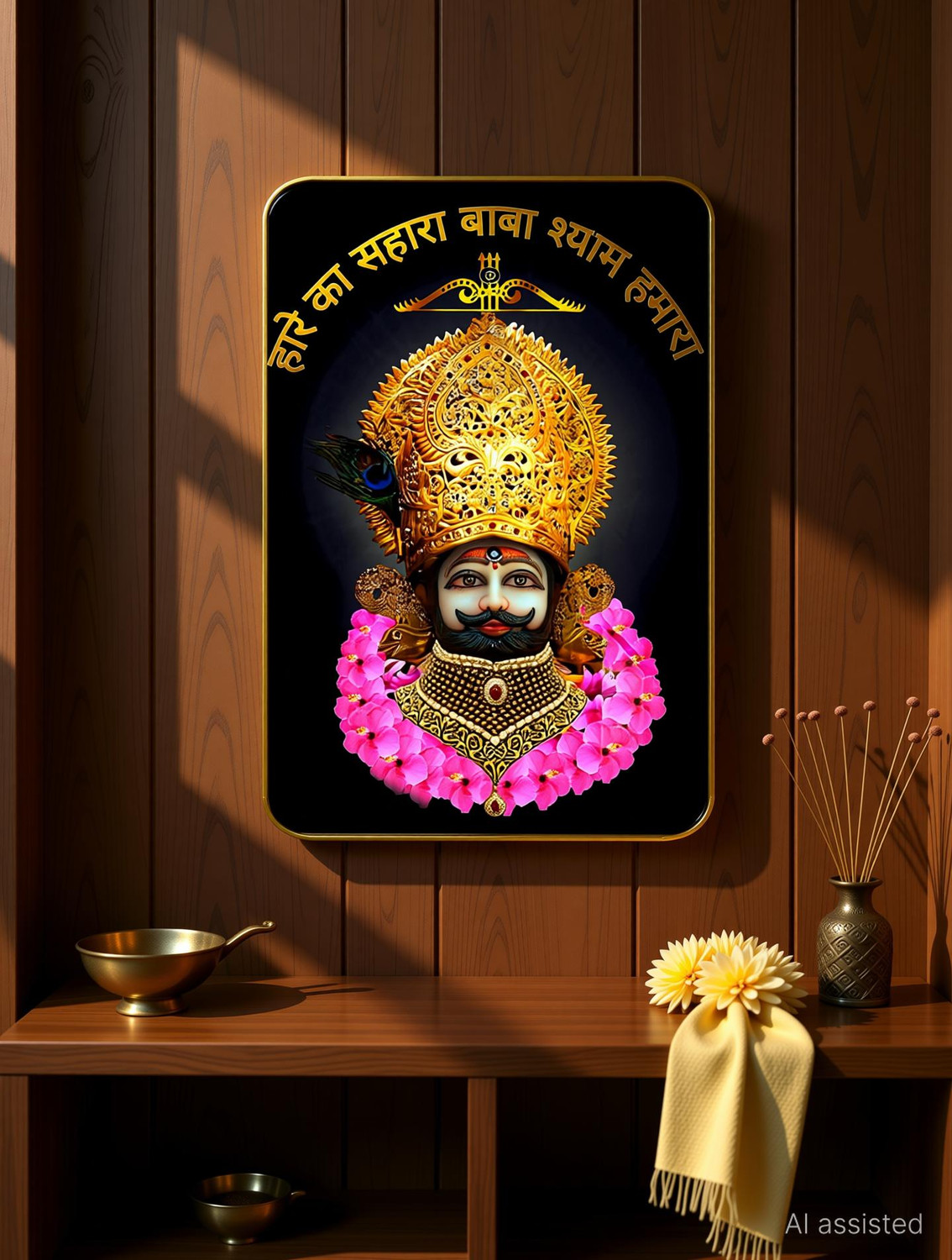 Image of Masstone Premium Crystal Khatu Shyamji High Gloss Surface with Golden Slim Frame Glass Print 18 inch x 12 inch Painting