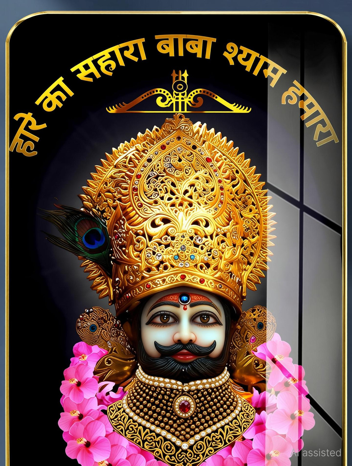 Image of Masstone Premium Crystal Khatu Shyamji High Gloss Surface with Golden Slim Frame Glass Print 18 inch x 12 inch Painting