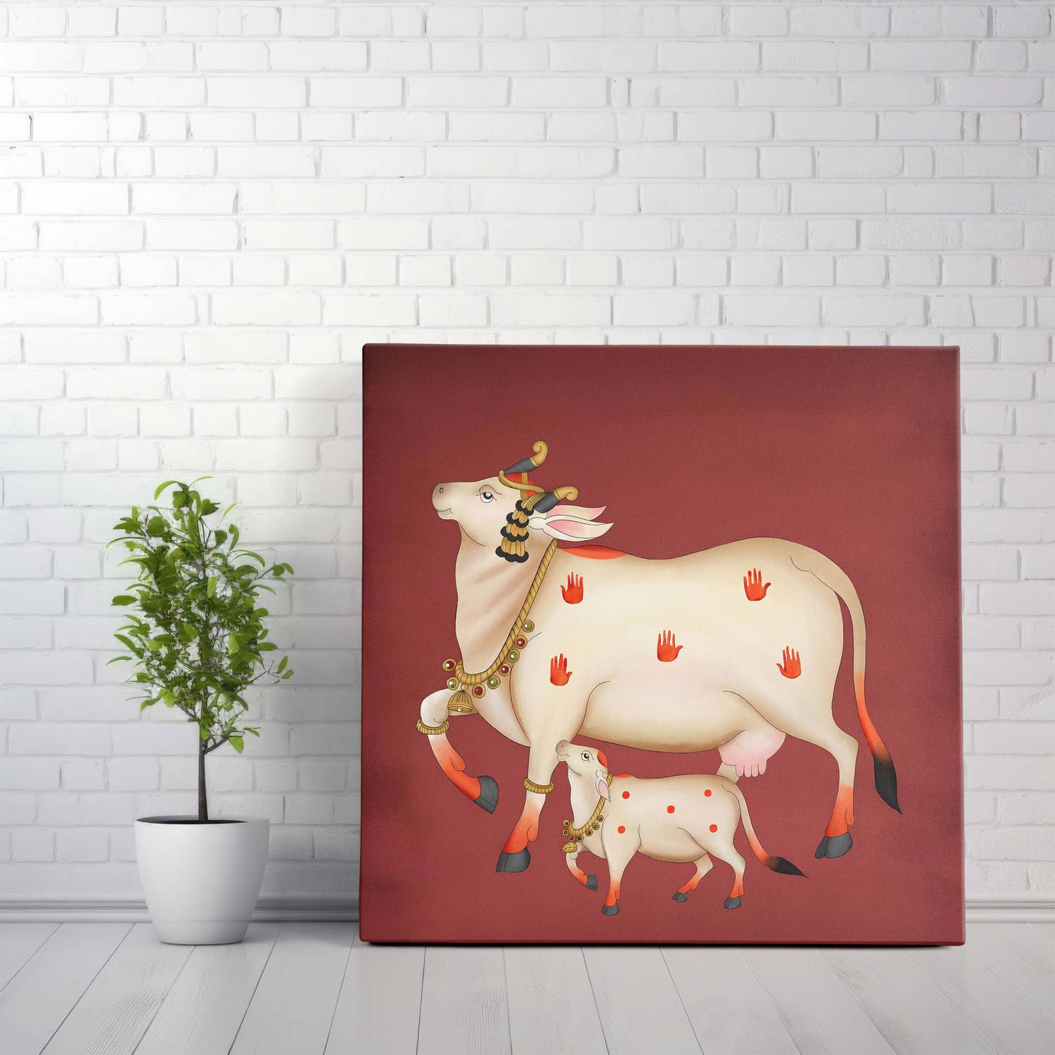 Aartify Kamdhenu Cow & Calf Canvas Painting – Framed Divine Wall Décor for Home Canvas 24 inch x 24 inch Painting