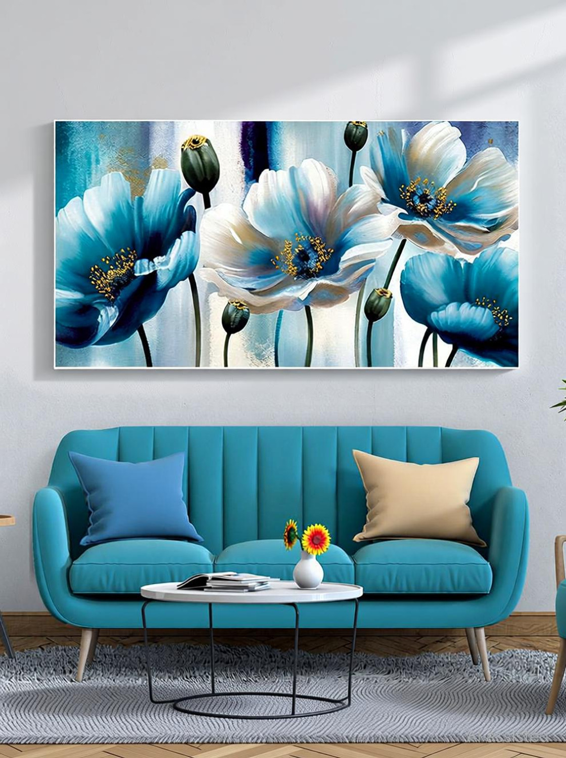 Image of Dekorstation Beautiful Blue and White Flowers Canvas Painting for Wall Decoration Art Print Canvas 24 inch x 48 inch Painting