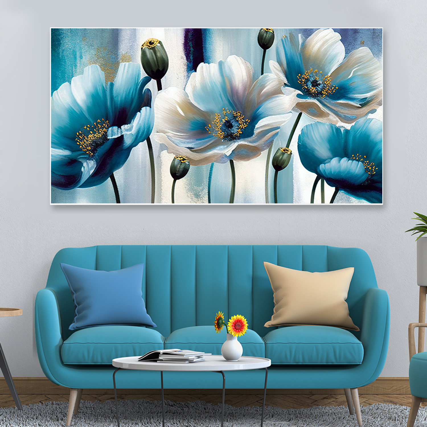 Image of Dekorstation Beautiful Blue and White Flowers Canvas Painting for Wall Decoration Art Print Canvas 24 inch x 48 inch Painting