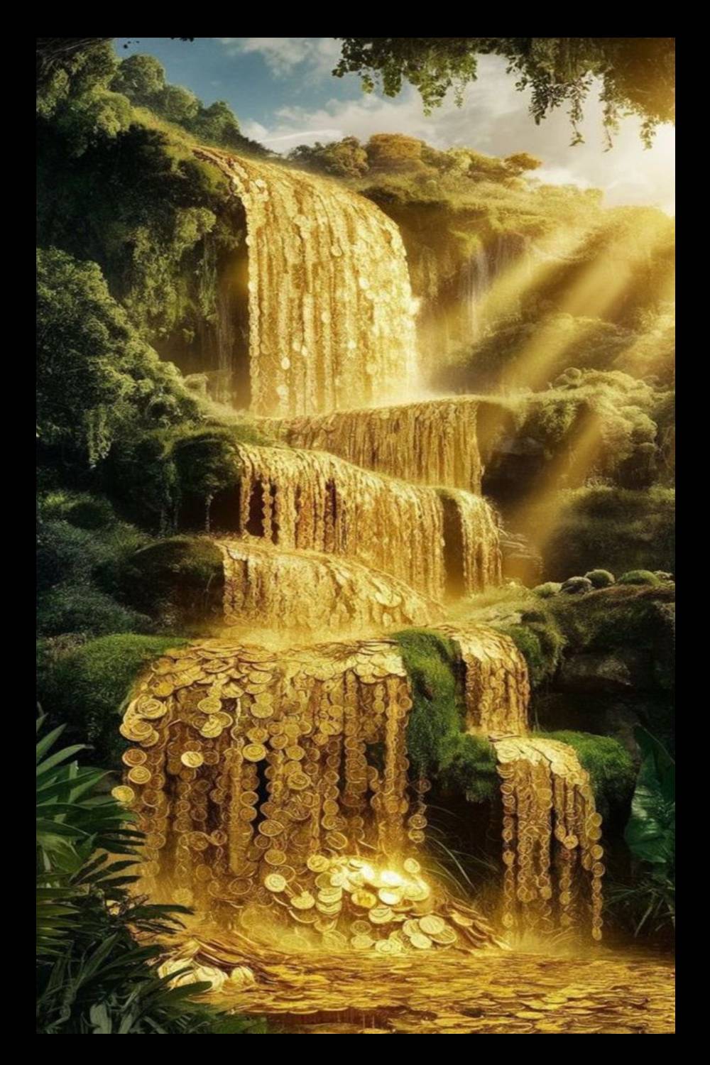 bareth brothers Golden Coin Waterfall Prosperity Decor Digital Reprint 13 inch x 10 inch Painting