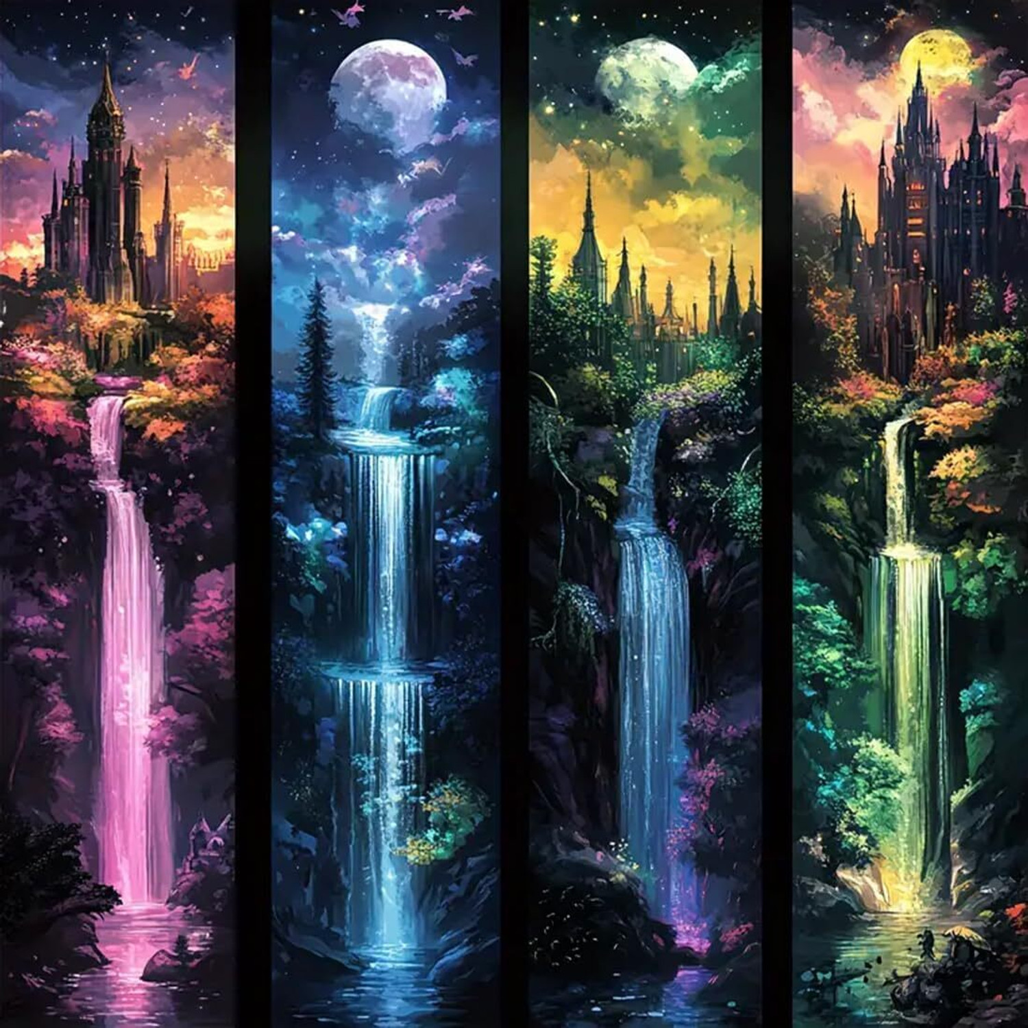 Image of TREXEE DIY 5D Moon Castle Waterfall Diamond Painting Kit by No. for Adult Kid Beginner Canvas 12 inch x 16 inch Painting