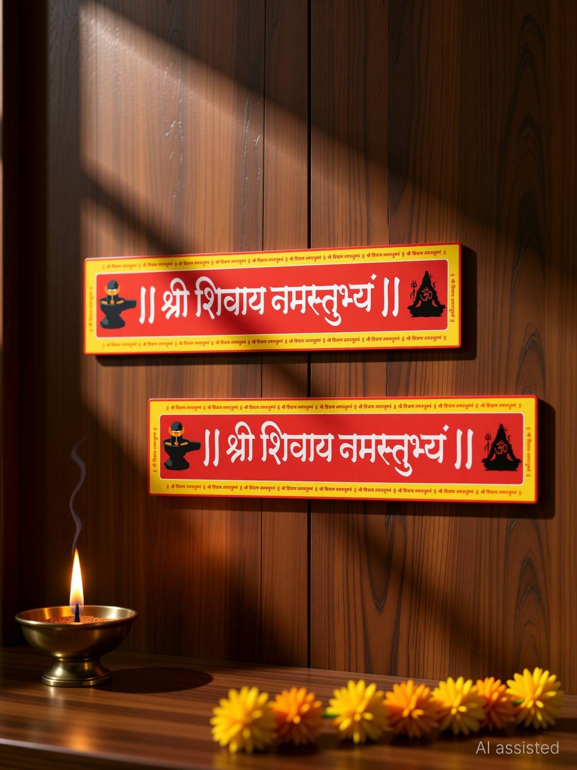 ambika fashion Shree Shivay Namastubhyam Mantra Mahakal Sticker,Wooden RED Golden-Set of 2 Digital Reprint 28 inch x 10 inch Painting