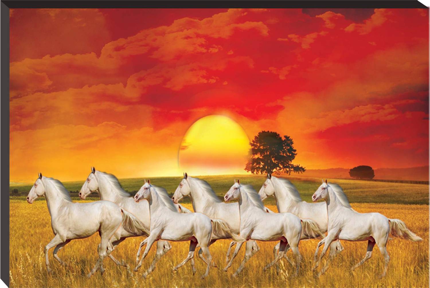 ArtMantra 7 Running Horses Vastu Sparkle Glossy UV Textured Digital Reprint 12 inch x 18 inch Painting
