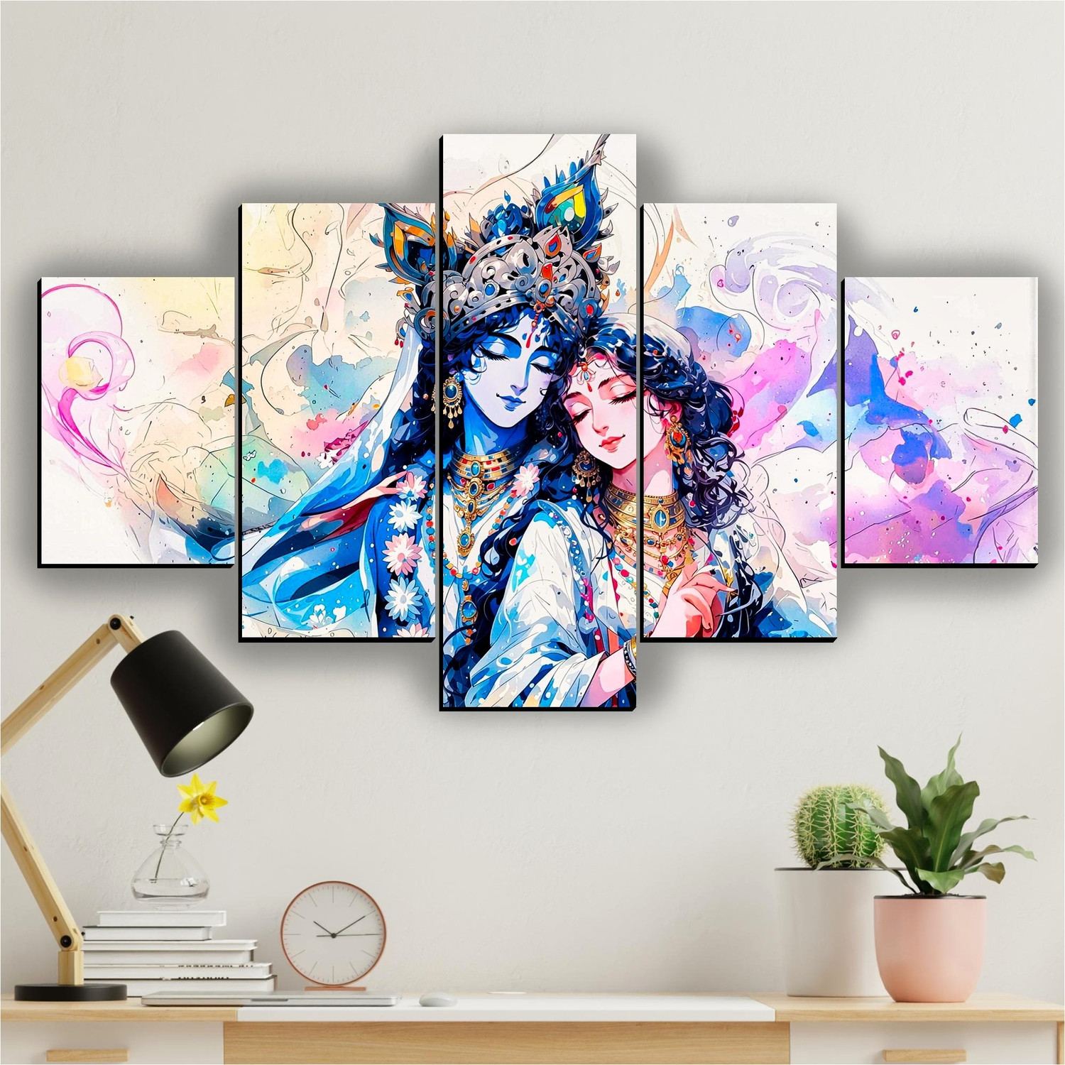 Image of XIDLZ Canvas wall painting Radha Krishna 5 panel scenery Home decor Digital Reprint 18 inch x 30 inch Painting