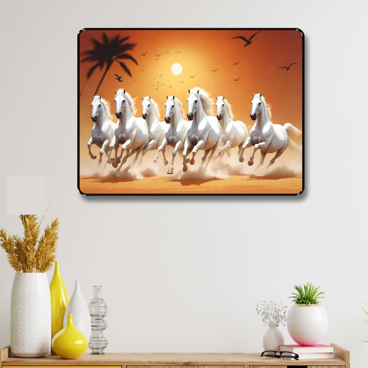 Image of SAF PRINT SAF paintings Running Horses painting Black Slim Frame wall decoration items