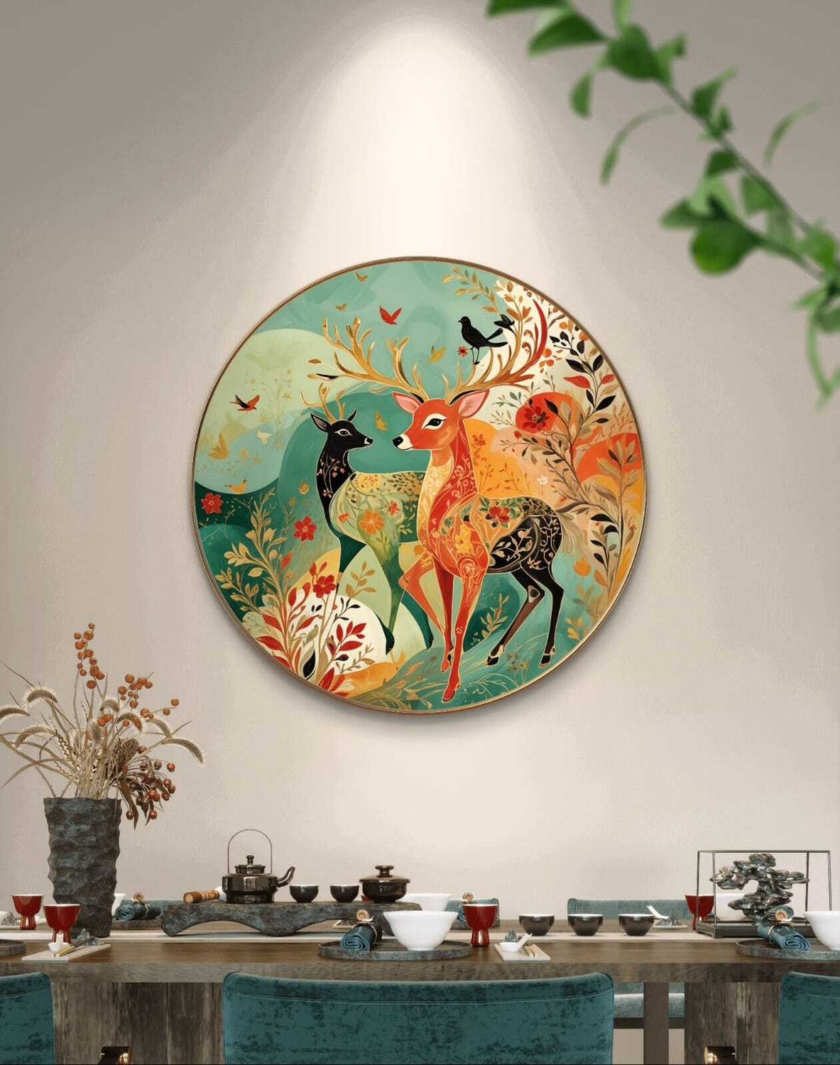 Image of SAF PRINT Deer Nature Round Wall Art | Colorful Folk Style Home Decor Painting