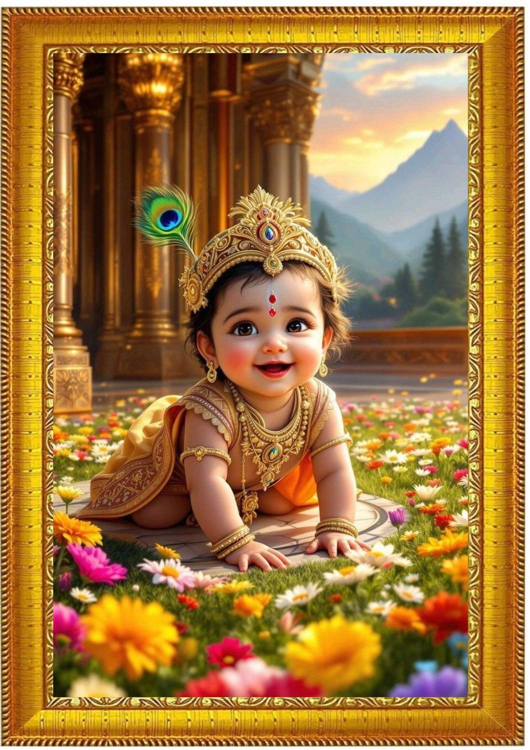 MGTHOME Bal Gopal Religious Wall Art 9x12 Inch Wooden Photo Frame Religious Frame