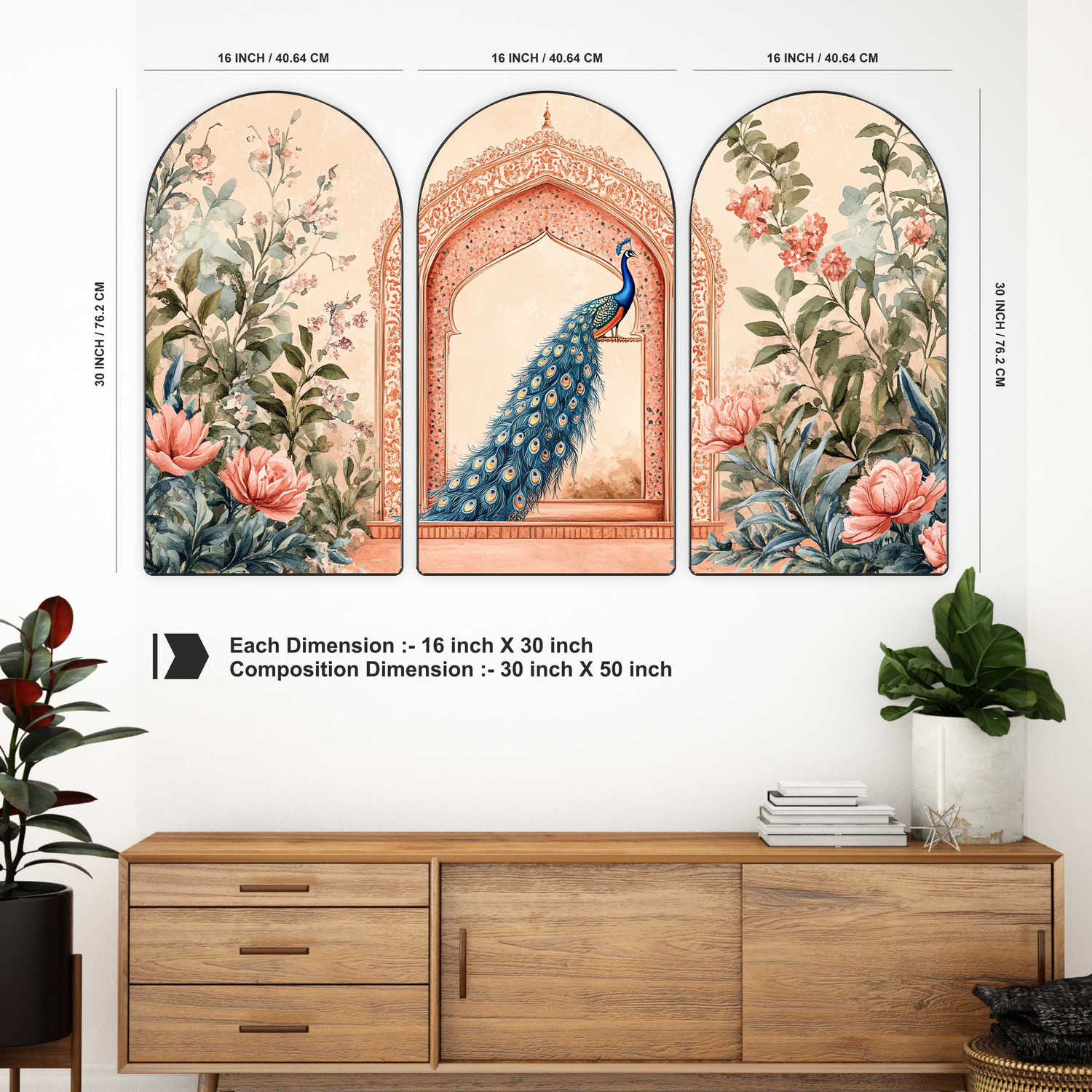 Image of saf Peacock Wall Art | Set of 3 MDF Panel Paintings Digital Reprint 30 inch x 50 inch Painting