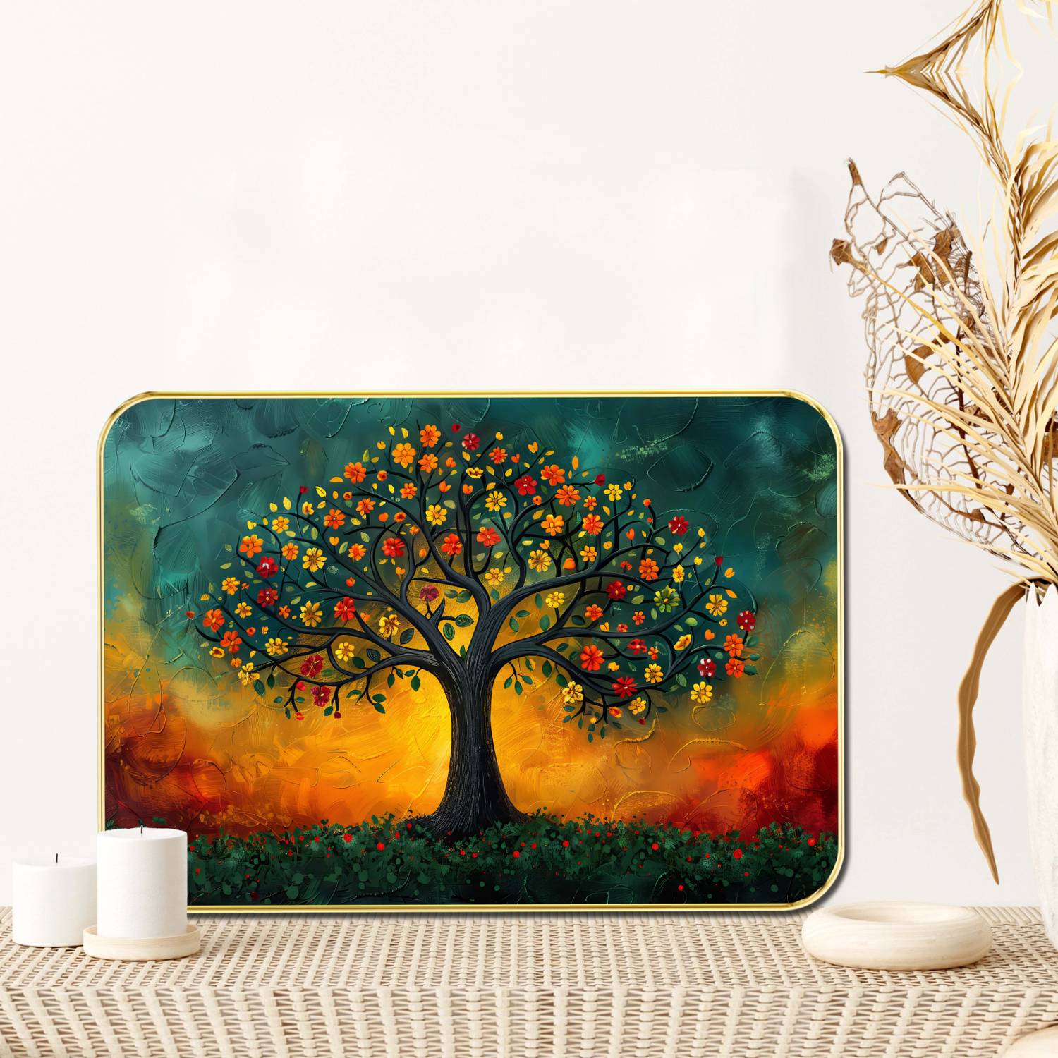 Aartify Tree of Life Wall Decor Painting | Colorful Floral Tree Against Sunset Sky Digital Reprint 19.5 inch x 13.5 inch Painting