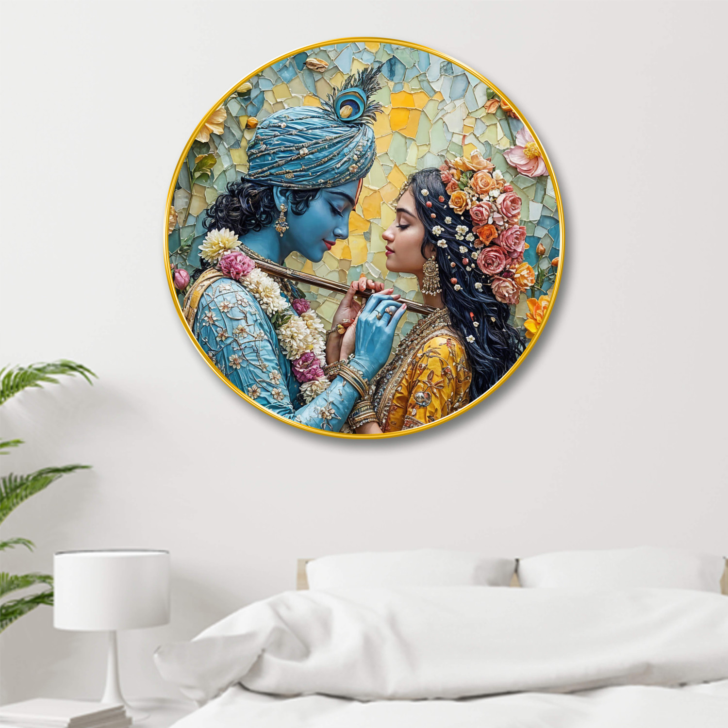 Image of Aartify Radha Krishna Mosaic Wall Art | Romantic Divine Couple | Vibrant Spiritual Digital Reprint 16 inch x 16 inch Painting (With Frame)