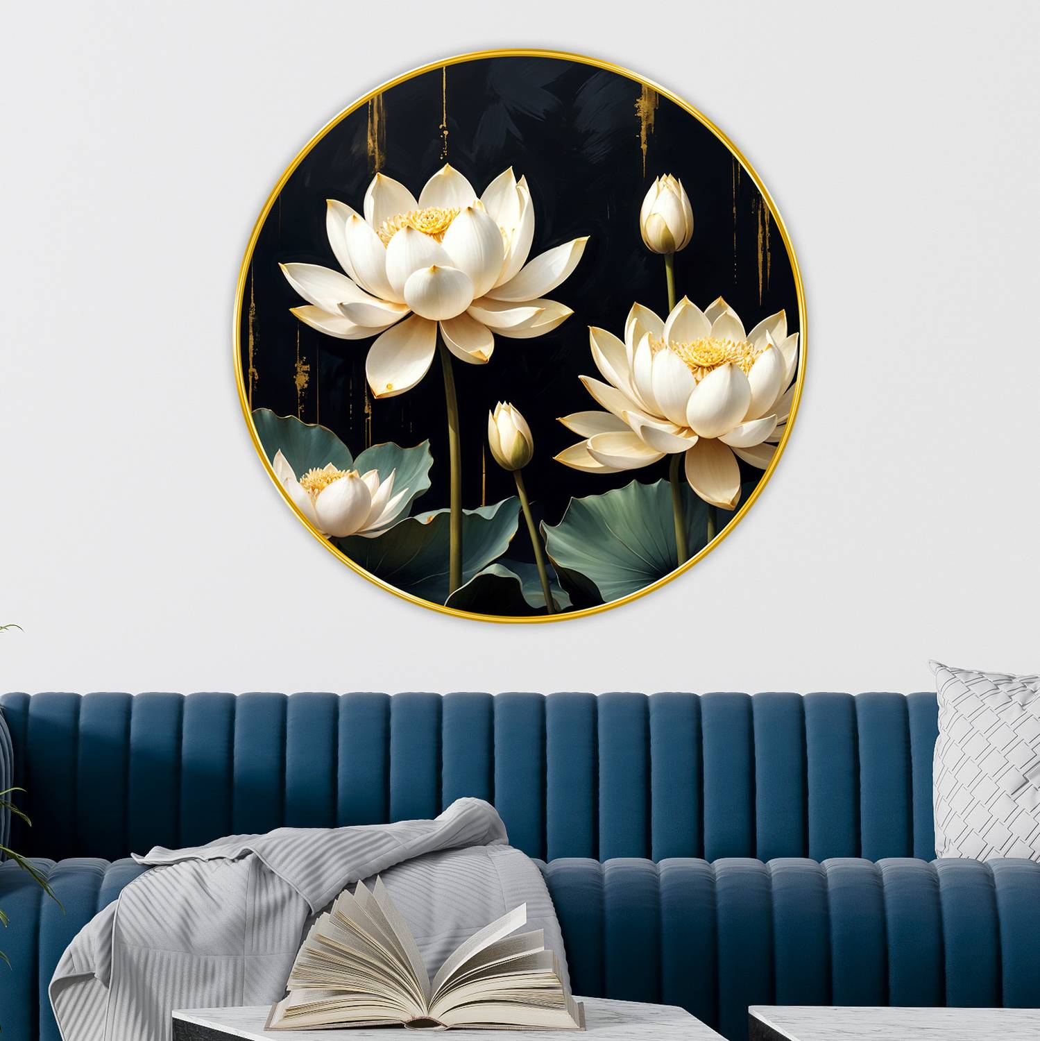 Aartify White Lotus Wall Art | Round Golden Frame Modern Painting for Living Room Digital Reprint 23 inch x 23 inch Painting