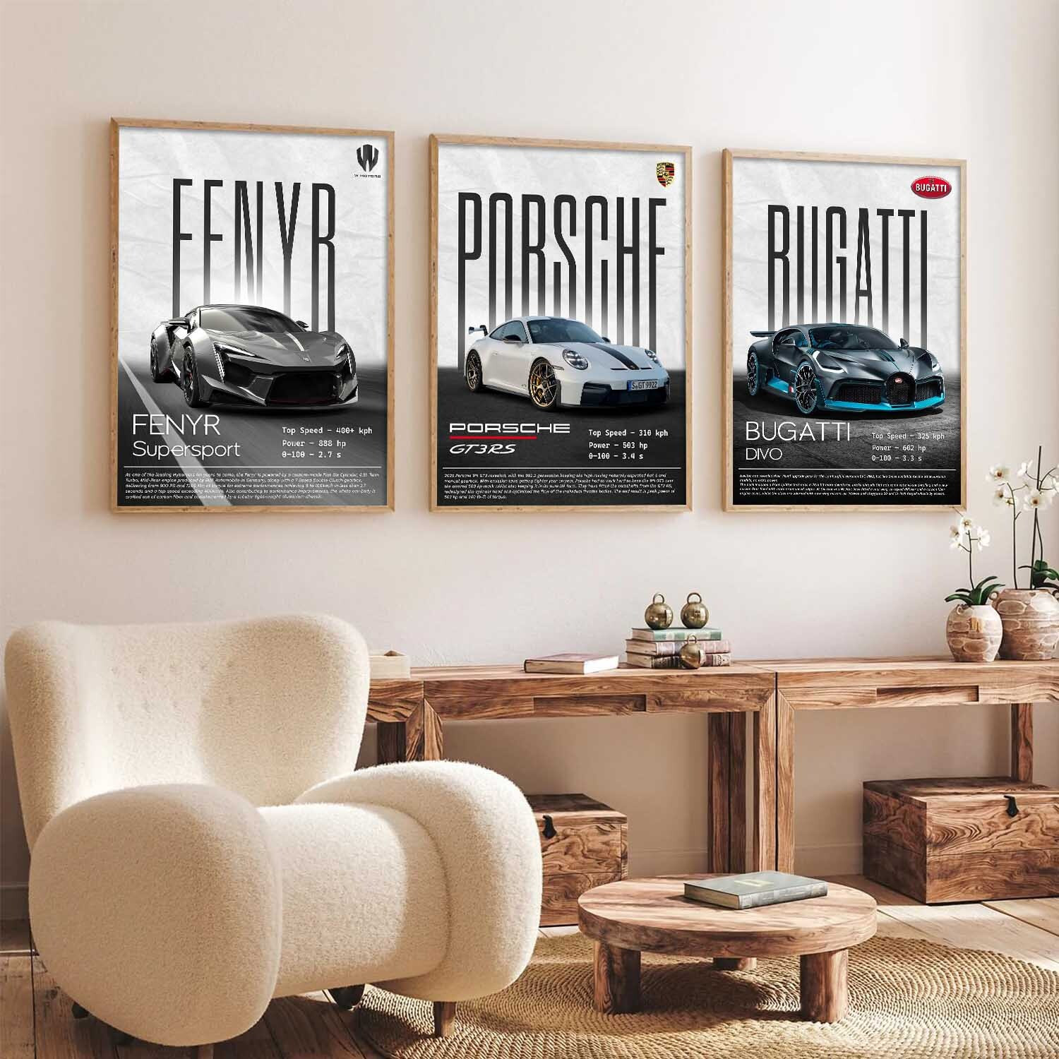 Image of YANVEER Big Porche bughatti fenyb Car Framed Posters Gift Items for Boys Room Wall Decoration Bedroom Living Room Office Studio Decor | Car Poster Frame for Wall Decor Set Of 3 Size (10 X 13 inch) Photographic Paper