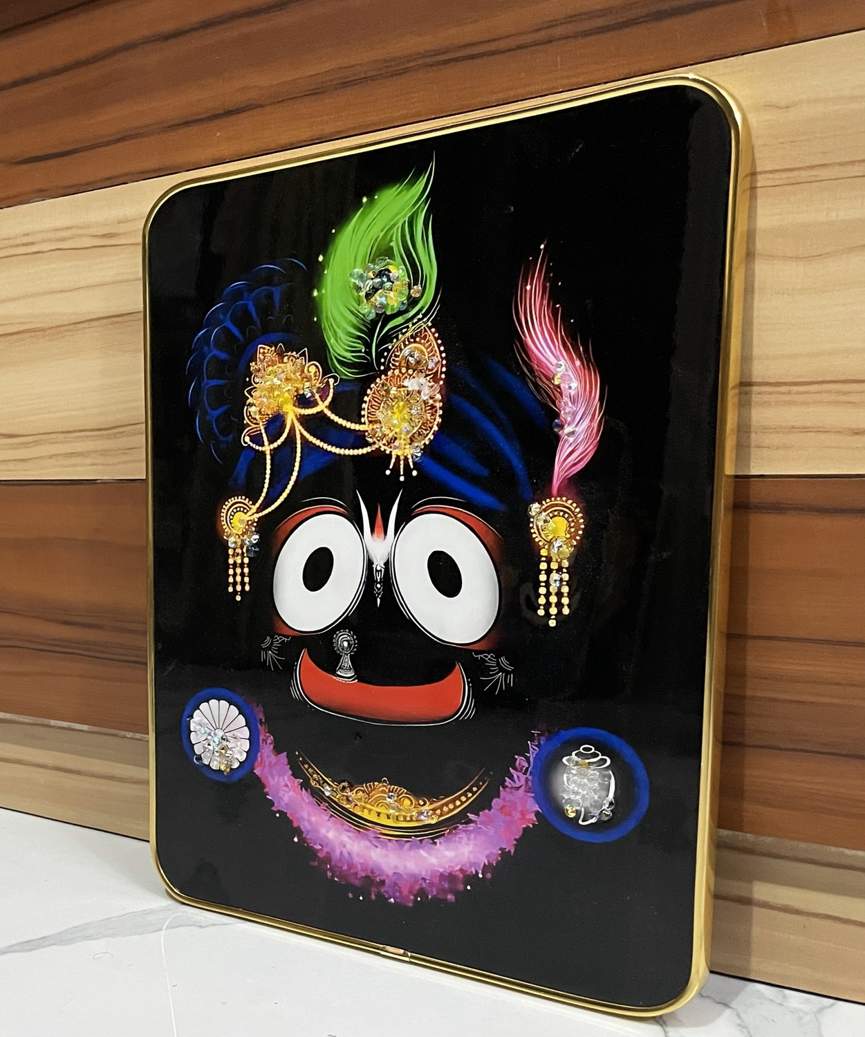 Image of FernHaus FernHaus Jagannath Ji Wall Painting Crystal Embedded,High Gloss, Wall Decor Embossed 12 inch x 9 inch Painting