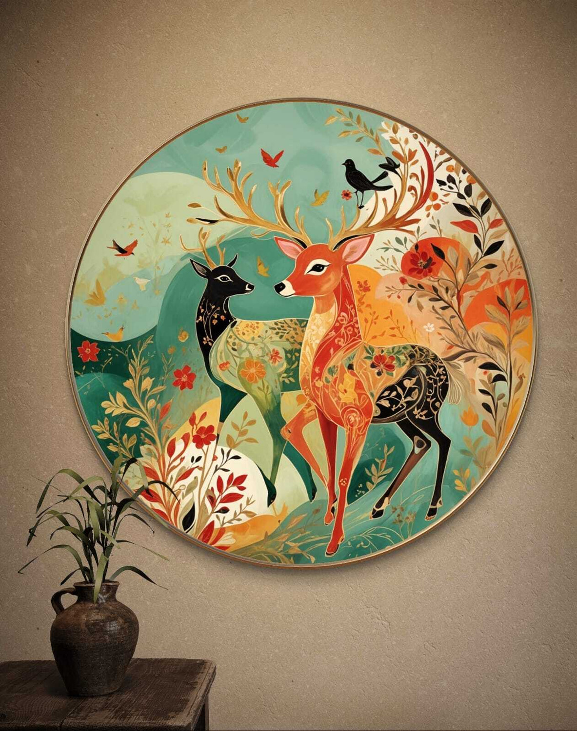 Image of SAF PRINT Deer Nature Round Wall Art | Colorful Folk Style Home Decor Painting