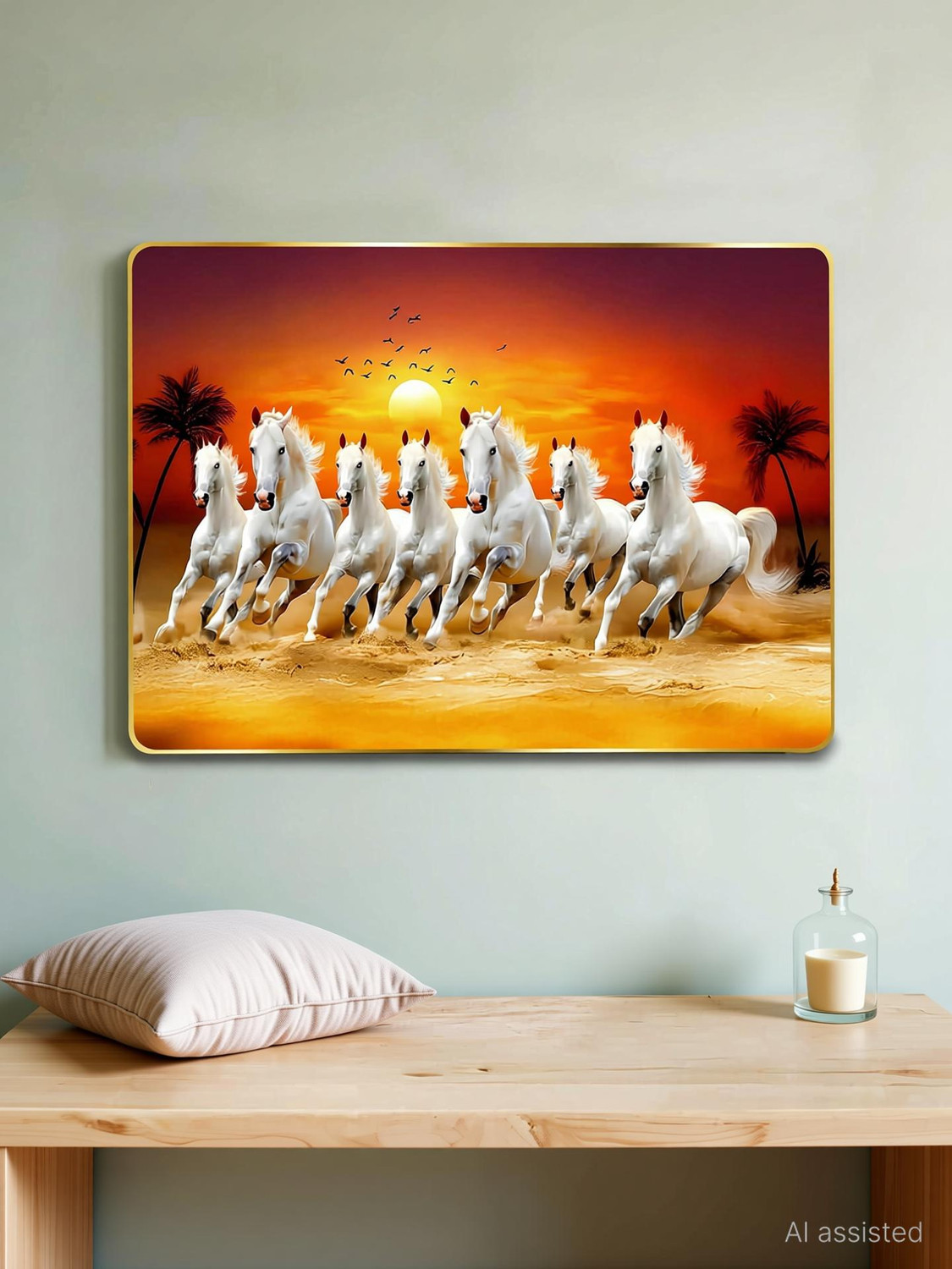Image of ArtMantra 7 Running Horses ArtMantra Vastu Sparkle Glossy UV Textured Digital Reprint 9 inch x 12 inch Painting