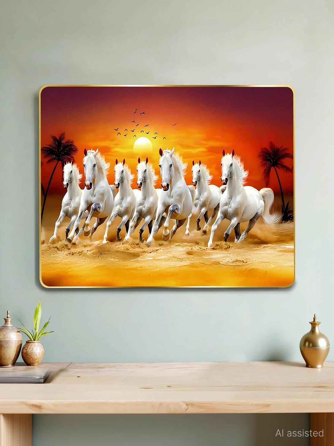 Image of ArtMantra 7 Running Horses ArtMantra Vastu Sparkle Glossy UV Textured Digital Reprint 9 inch x 12 inch Painting