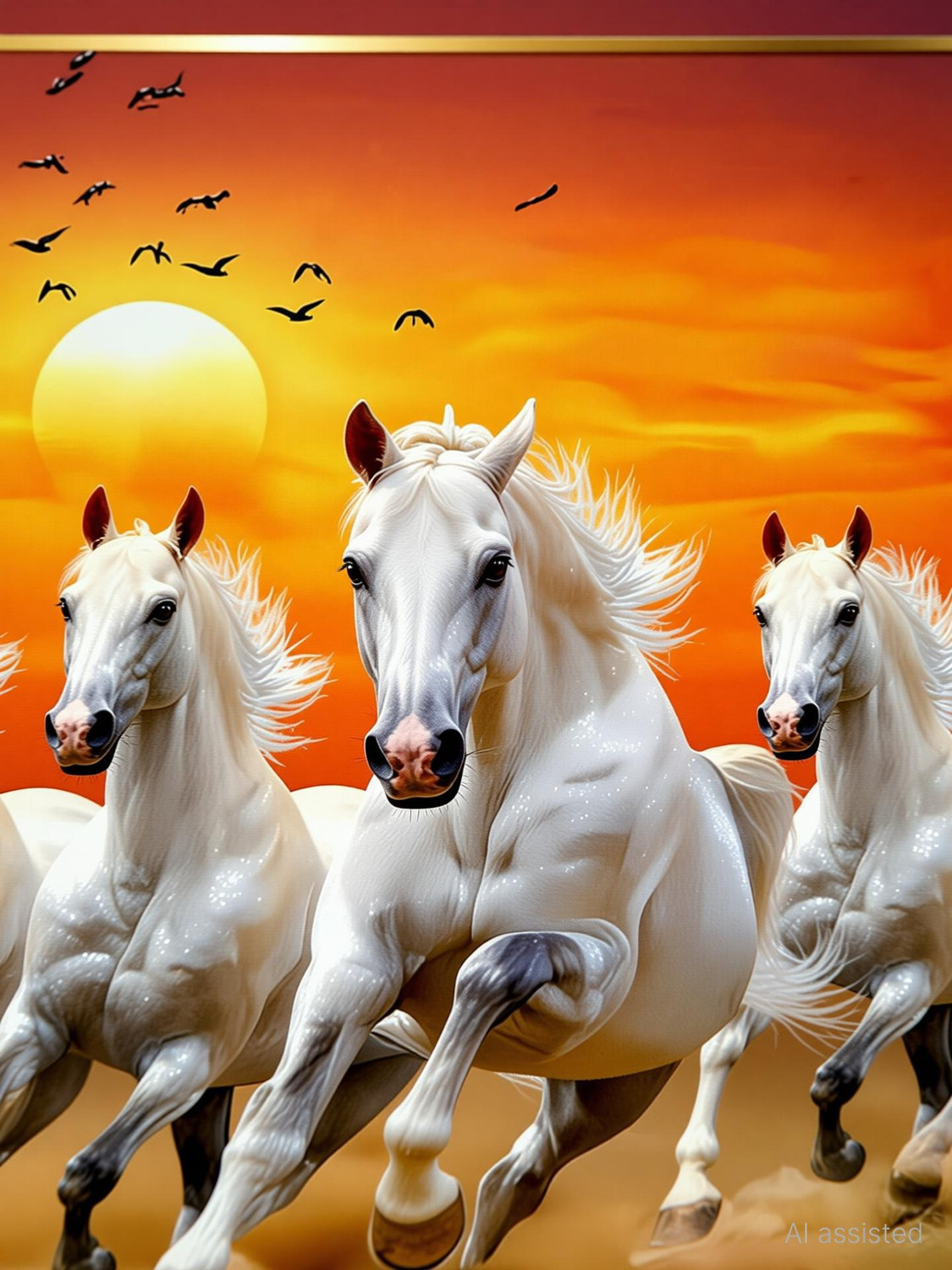 Image of ArtMantra 7 Running Horses ArtMantra Vastu Sparkle Glossy UV Textured Digital Reprint 9 inch x 12 inch Painting