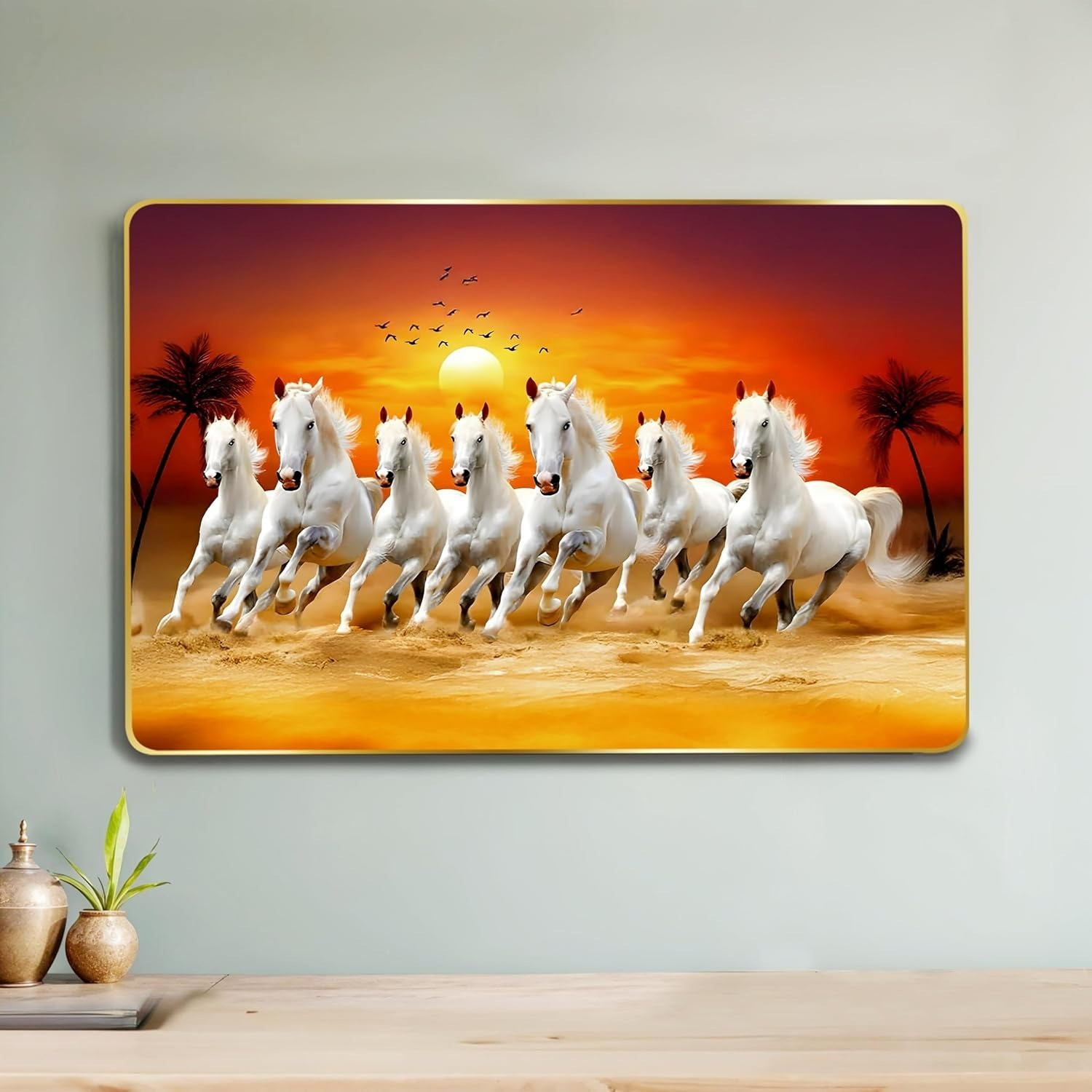 Image of ArtMantra 7 Running Horses ArtMantra Vastu Sparkle Glossy UV Textured Digital Reprint 9 inch x 12 inch Painting