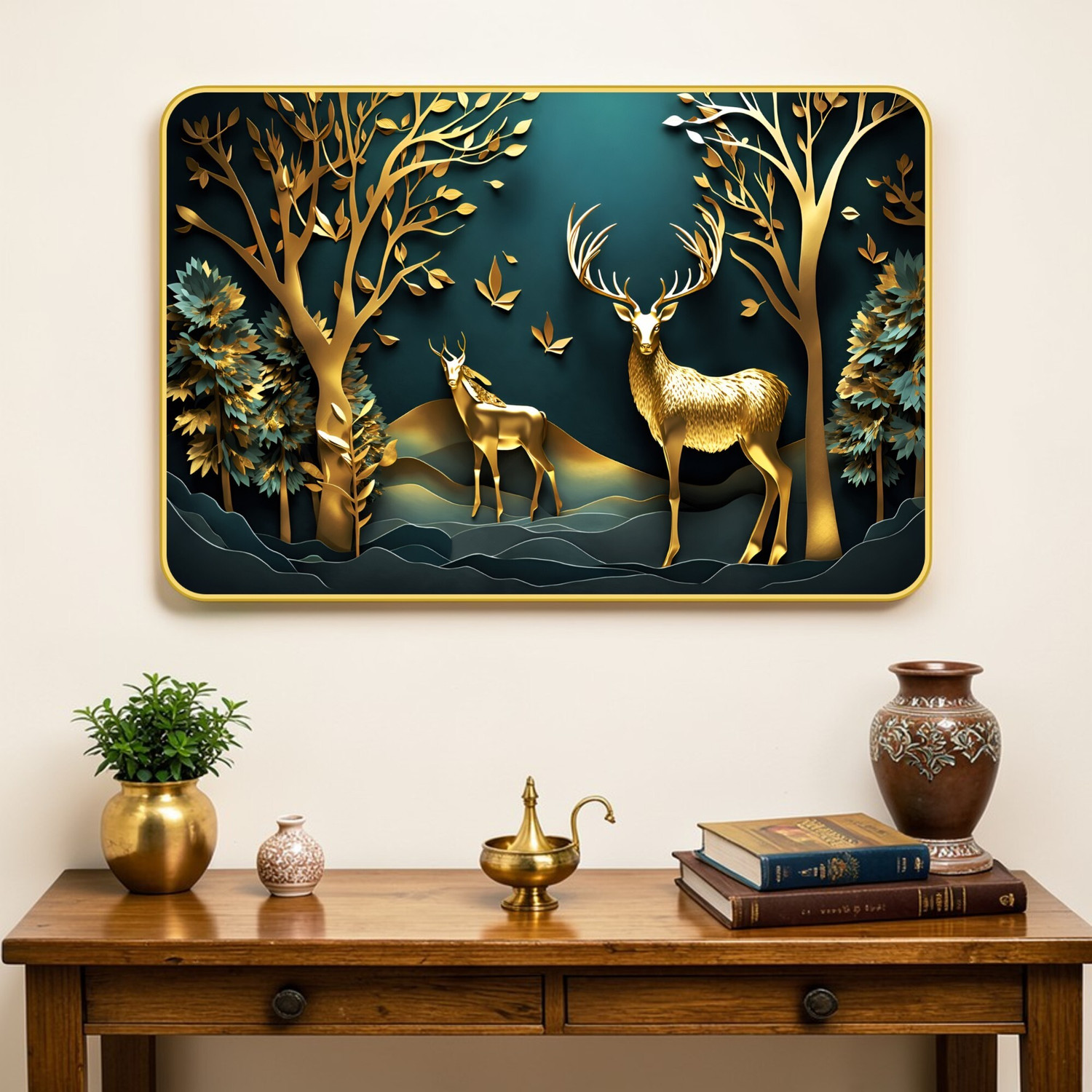 Image of Masstone Reindeer Deer Jungle Wall Painting Golden Strip Frame Sparkle Lamination Decor Digital Reprint 12 inch x 18 inch Painting (With Frame)