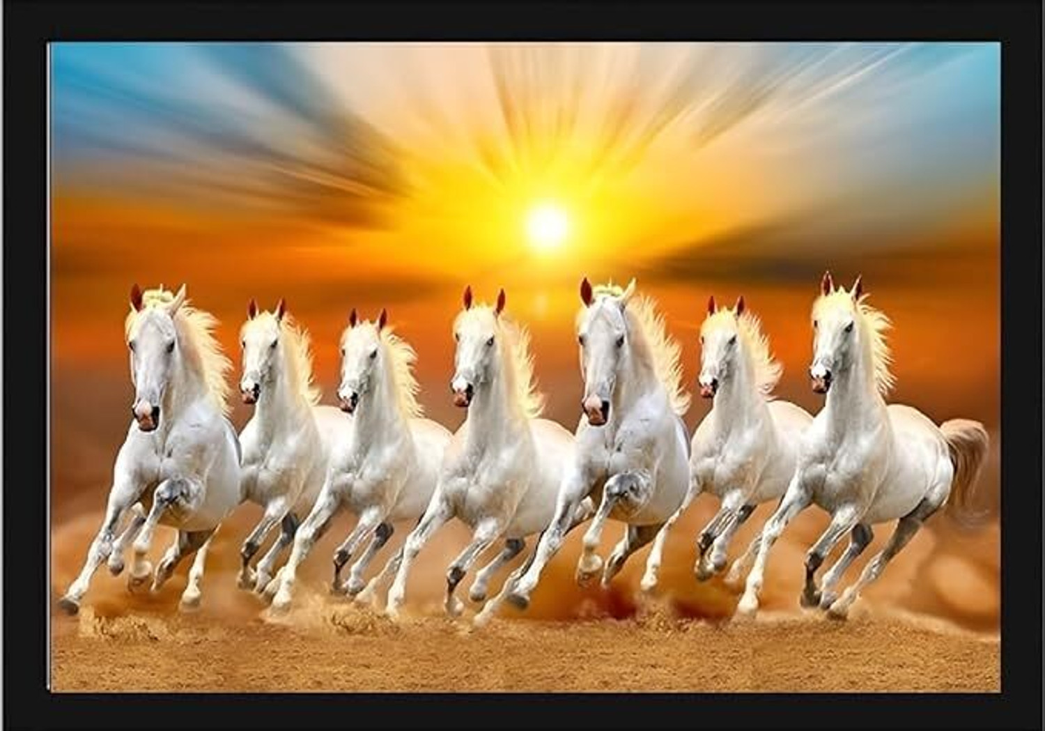Image of ASHIT Sunrise 7 White Horse Running Photo Luck & Blessing For Home Decoration A4 Size Acrylic 12 inch x 8 inch Painting
