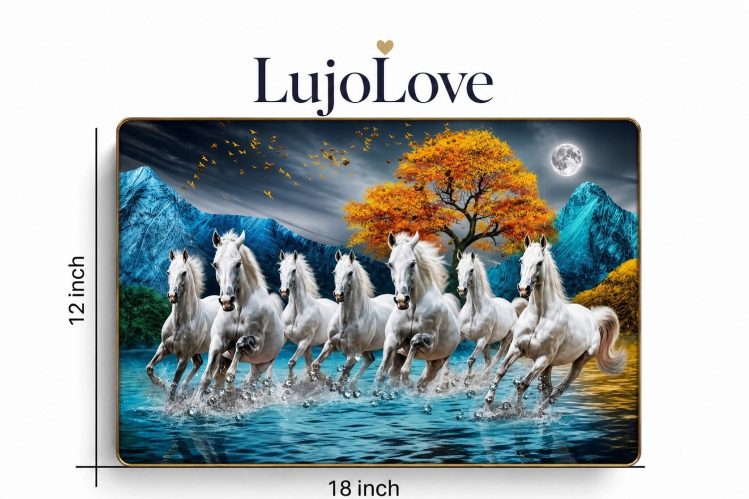 Image of ArtMantra Vastu 7 Running Horses with Rising Sun Crystal Embedded Photo Frame Digital Reprint 12 inch x 18 inch Painting