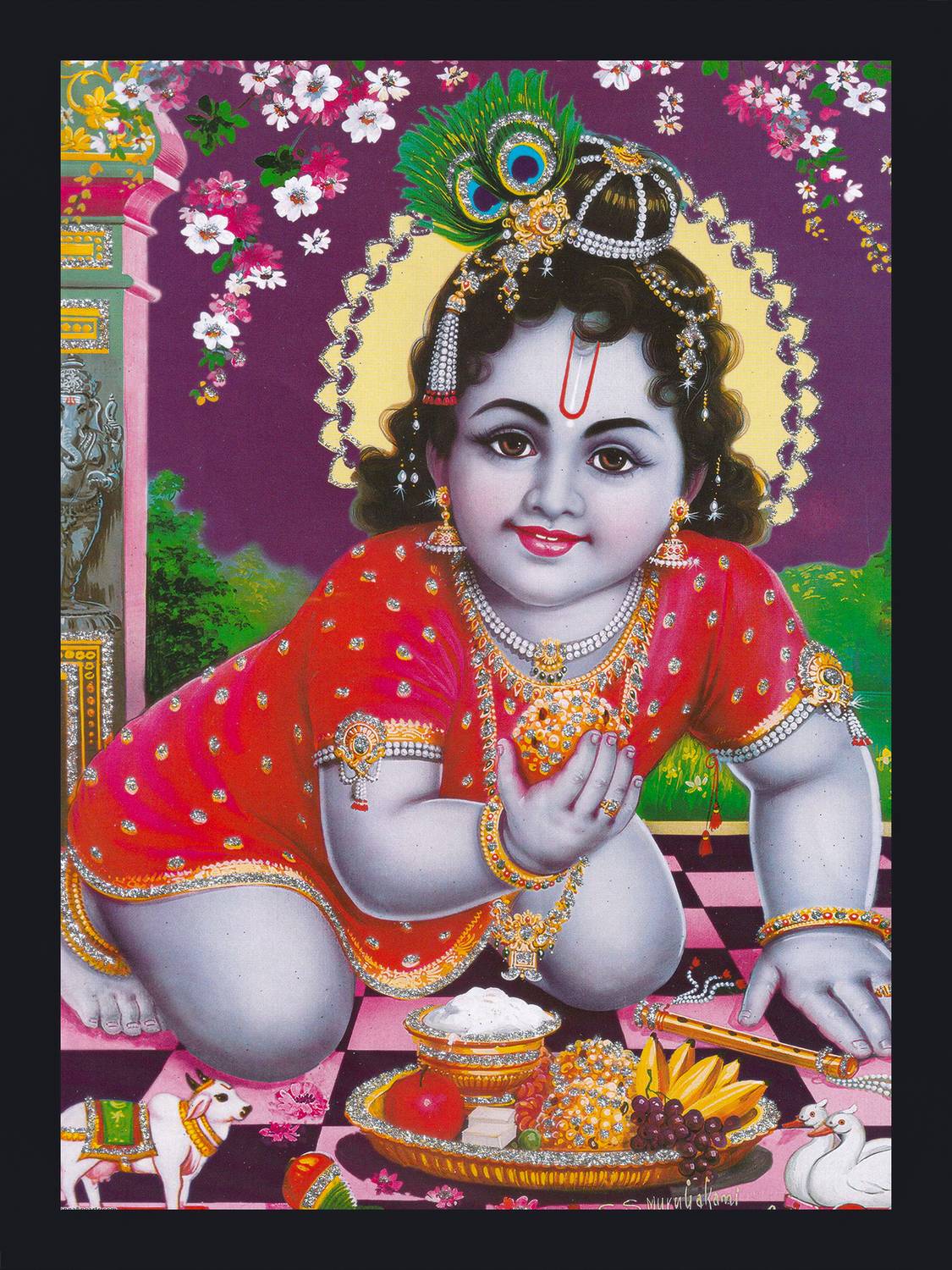Gita Govinda Bal Krishna Sparkle Coated Painting Digital Reprint 14 inch x 10 inch Painting