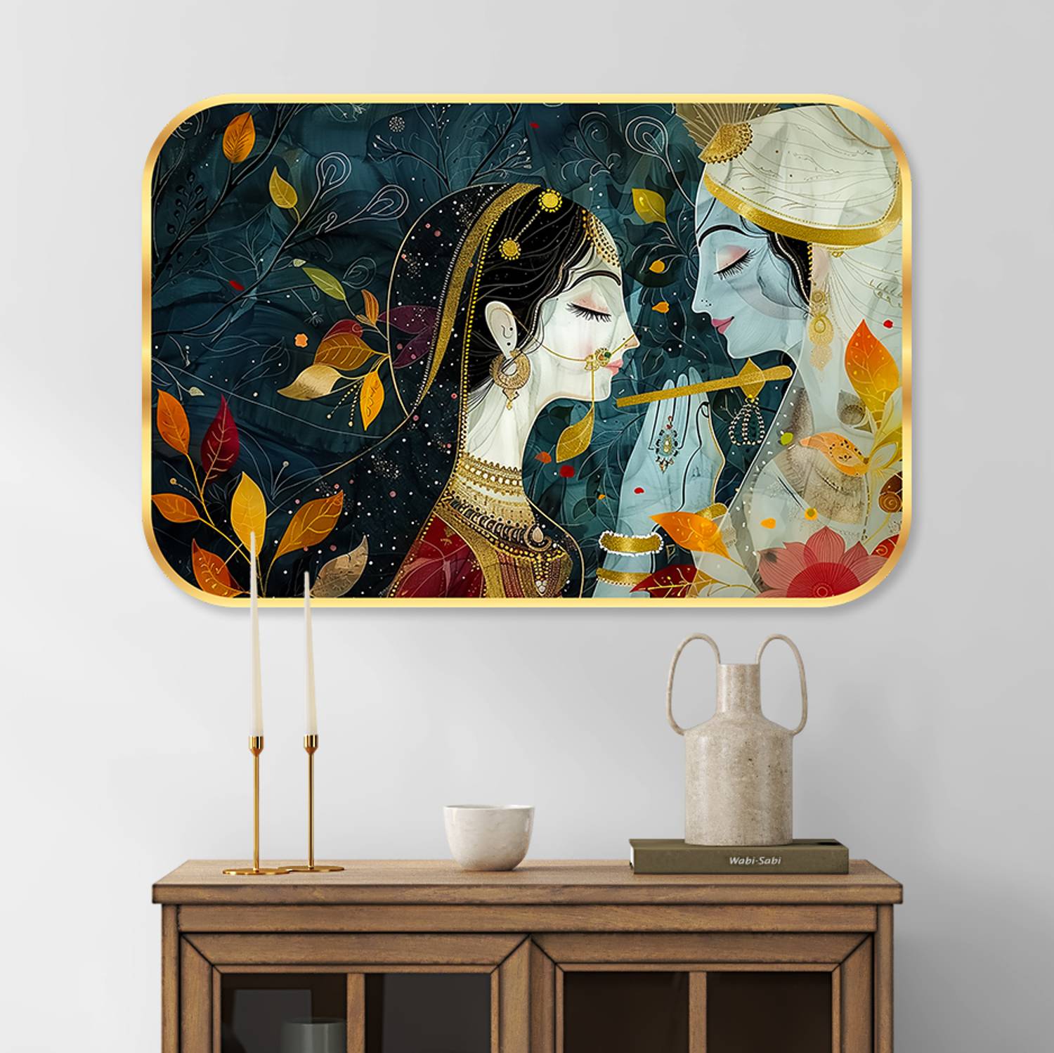 Aartify Radha Krishna Crystal Embedded High Gloss Surface with Golden Frame Digital Reprint 18 inch x 12 inch Painting