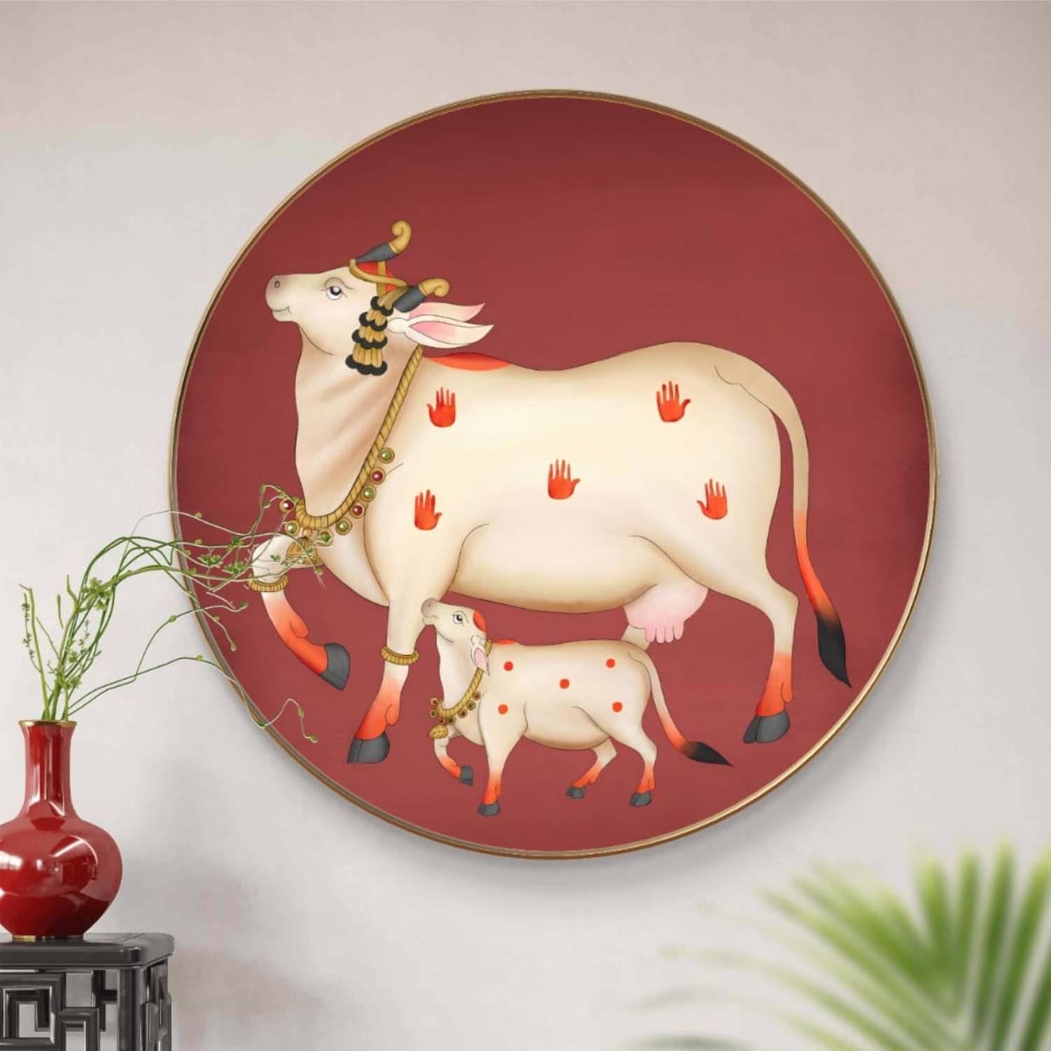 絵画 SA saf Large Round Pichwai Cow Wall Painting with golden frame Vinyl