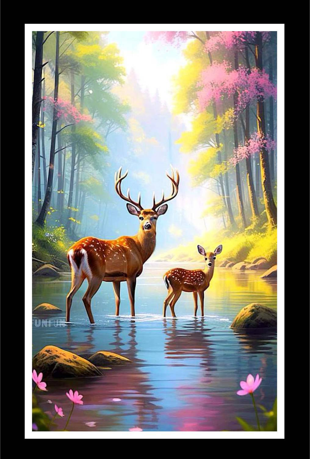 AARTKALA Vibrant Woodland Deer Poster FRAME A4 Canvas 12 inch x 8 inch Painting