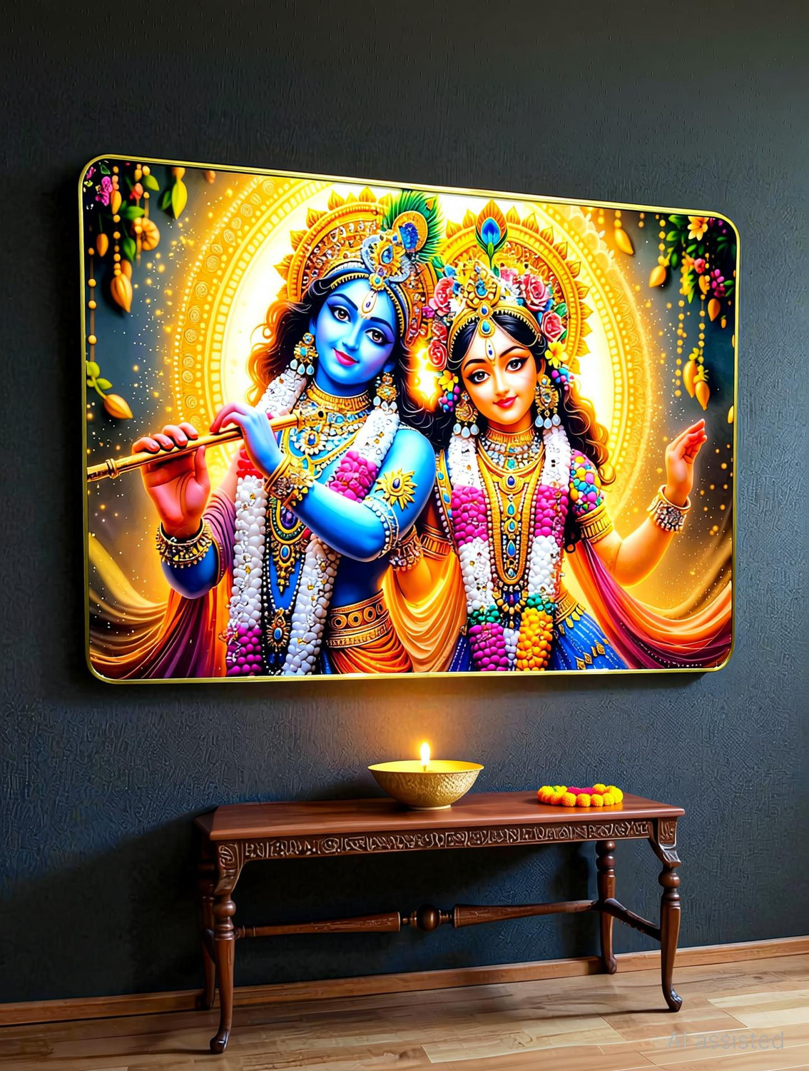Image of Masstone Radhe Krishna Big Crystal Embedded Painting | Home Decor | Gold Slim Frame Resin Painting 16 inch x 24 inch Painting