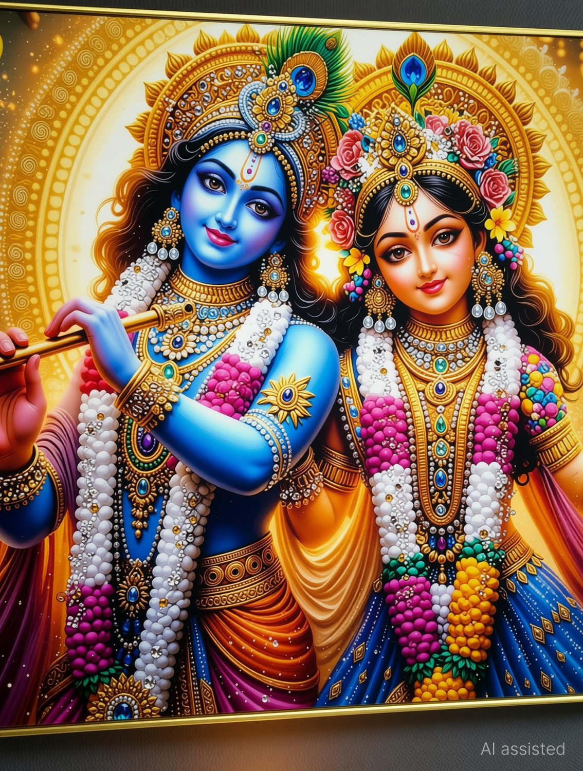 Image of Masstone Radhe Krishna Big Crystal Embedded Painting | Home Decor | Gold Slim Frame Resin Painting 16 inch x 24 inch Painting