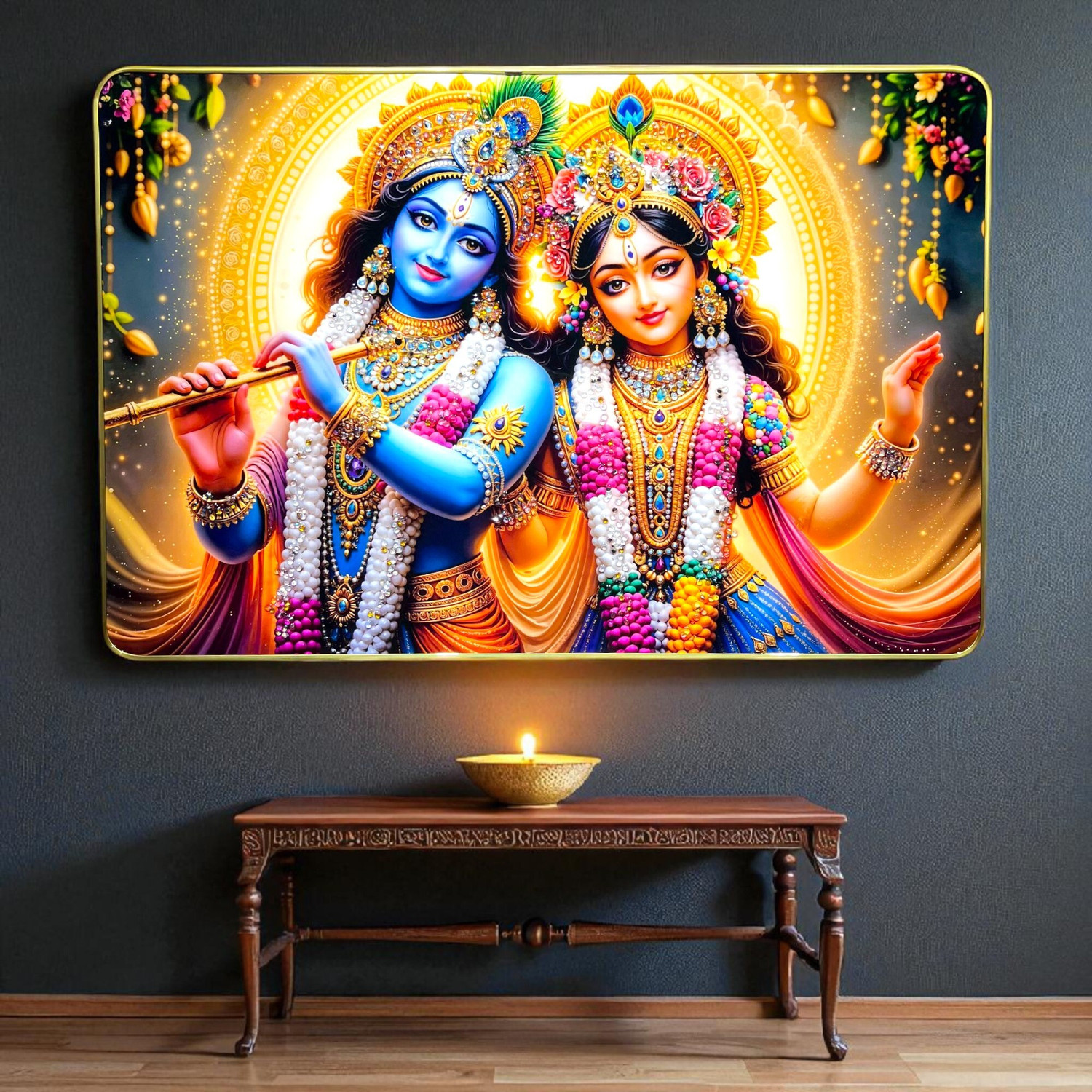 Image of Masstone Radhe Krishna Big Crystal Embedded Painting | Home Decor | Gold Slim Frame Resin Painting 16 inch x 24 inch Painting