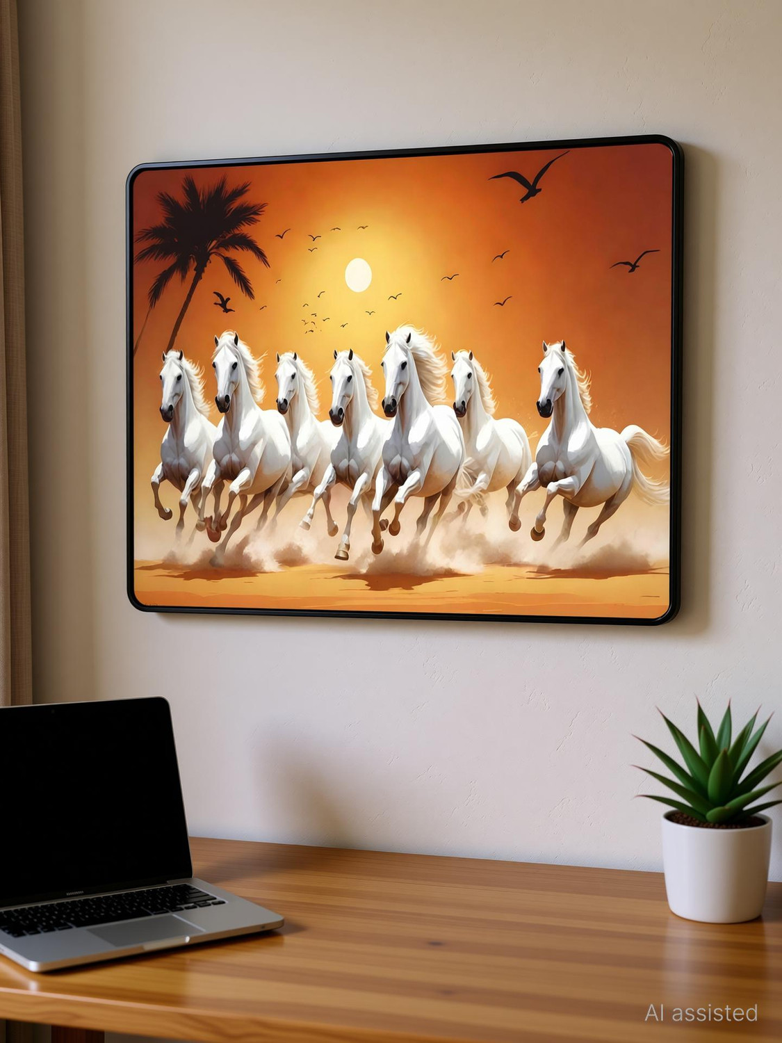 Image of SAF PRINT SAF paintings Running Horses painting Black Slim Frame wall decoration items