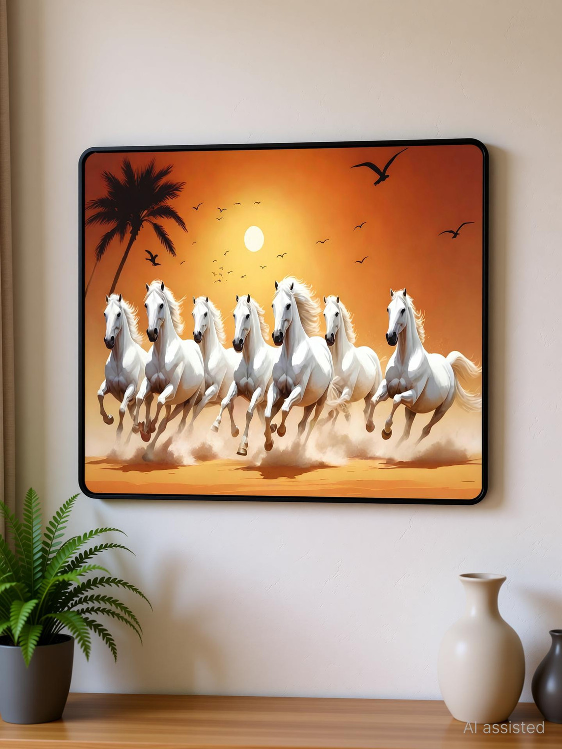 Image of SAF PRINT SAF paintings Running Horses painting Black Slim Frame wall decoration items