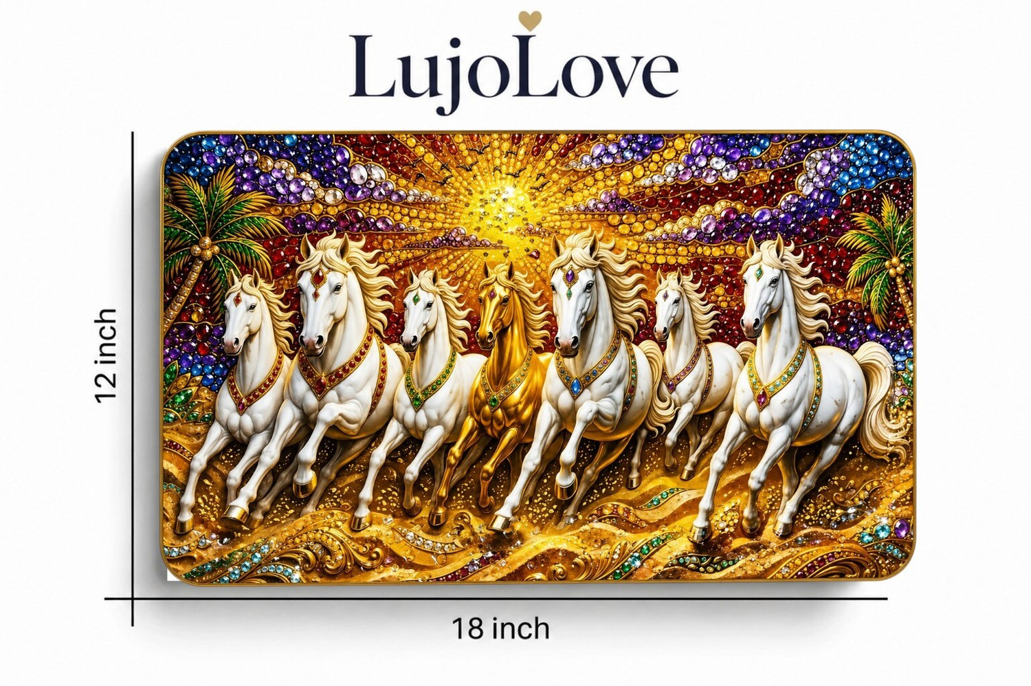 Image of ArtMantra Vastu 7 Running Horses 3D Crystal Embedded Wall Painting Digital Reprint 18 inch x 12 inch Painting