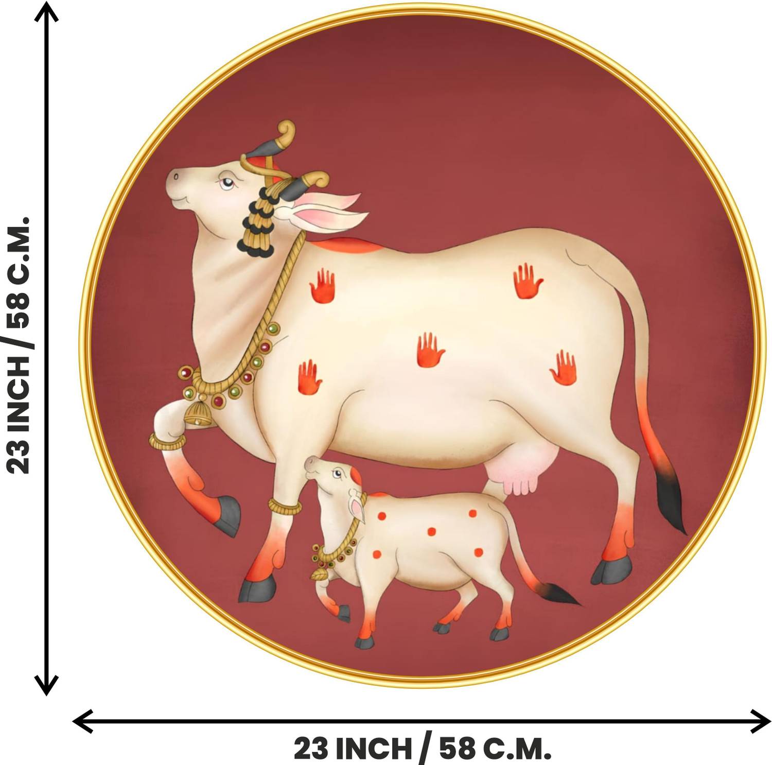 saf Large Round Pichwai Cow Wall Painting with golden frame Vinyl