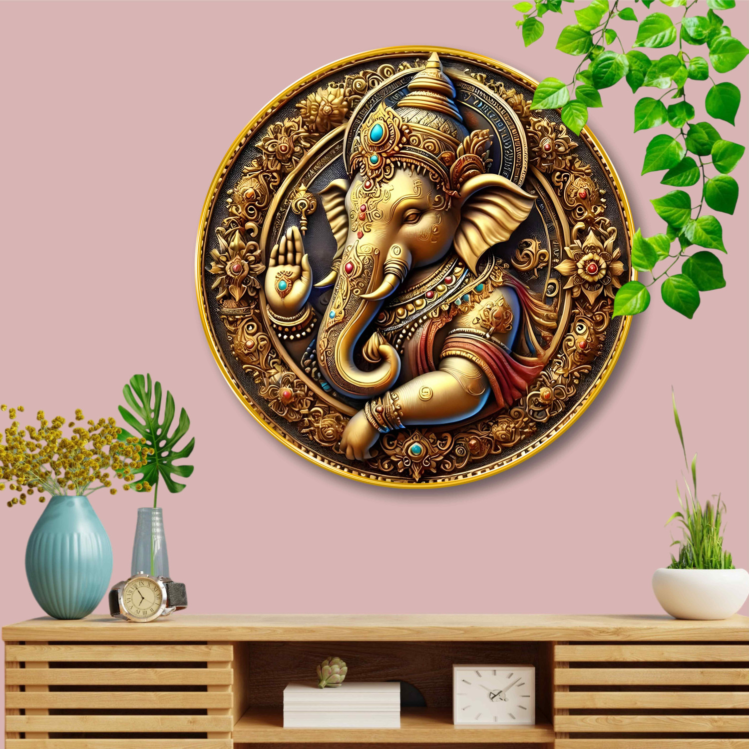 Image of saf Golden Lord Ganesha 3D Round Wall Art for Home & Spiritual Decor Digital Reprint 20 inch x 20 inch Painting