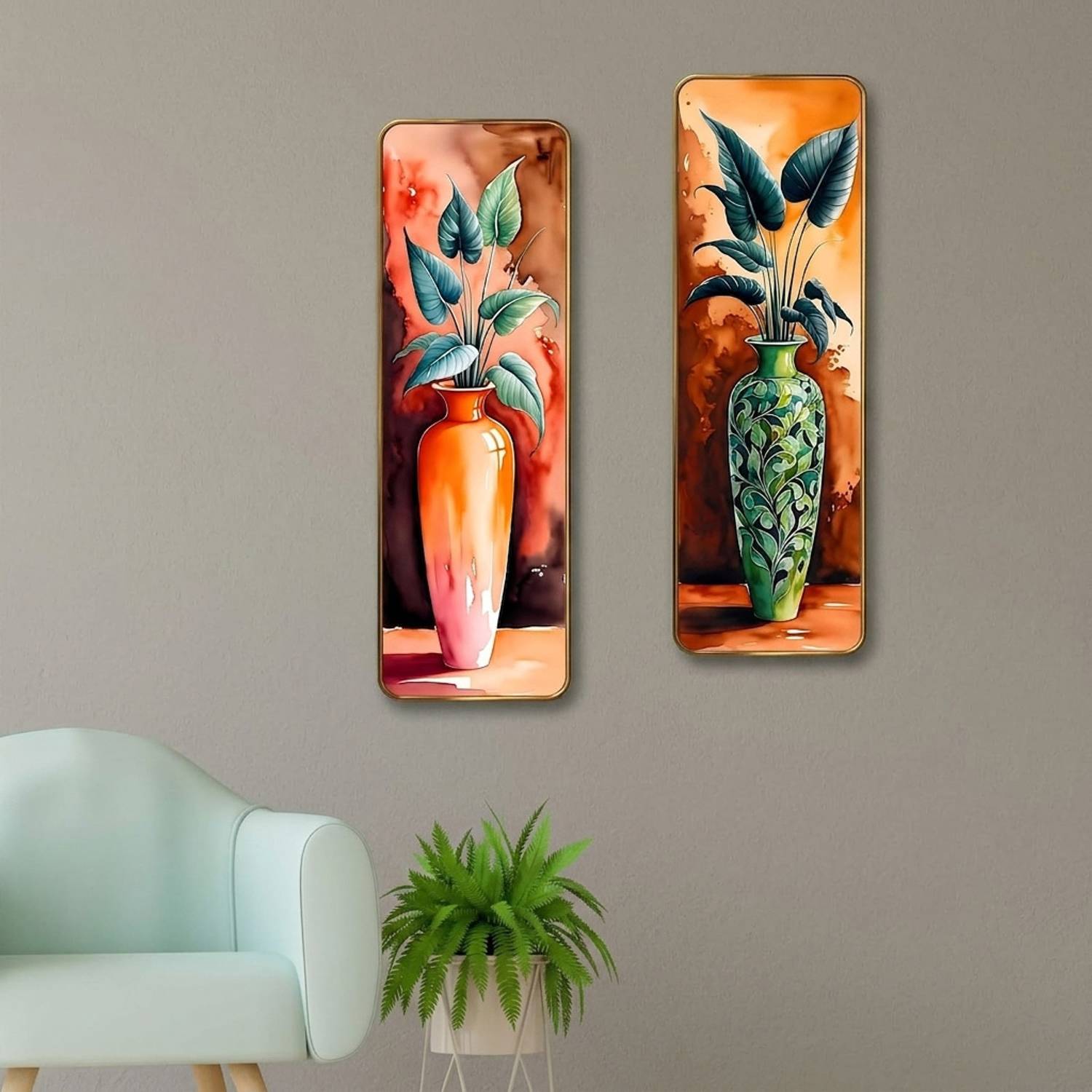 admireya arts Modern Floral Vase & Plant UV Laminated Wall Painting (Set of 2) Digital Reprint 18 inch x 12 inch Painting