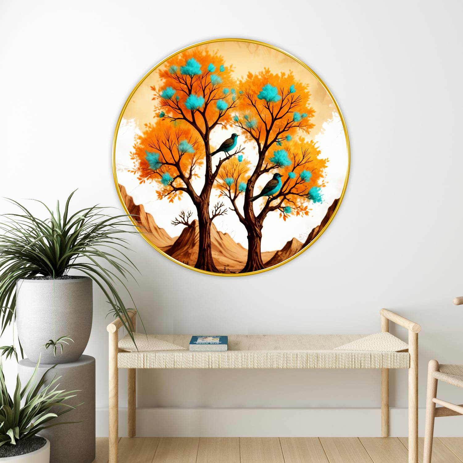 Aartify Birds on Tree Round Wall Art | Nature-Inspired Orange & Blue Tree Art with Birds Digital Reprint 16 inch x 16 inch Painting