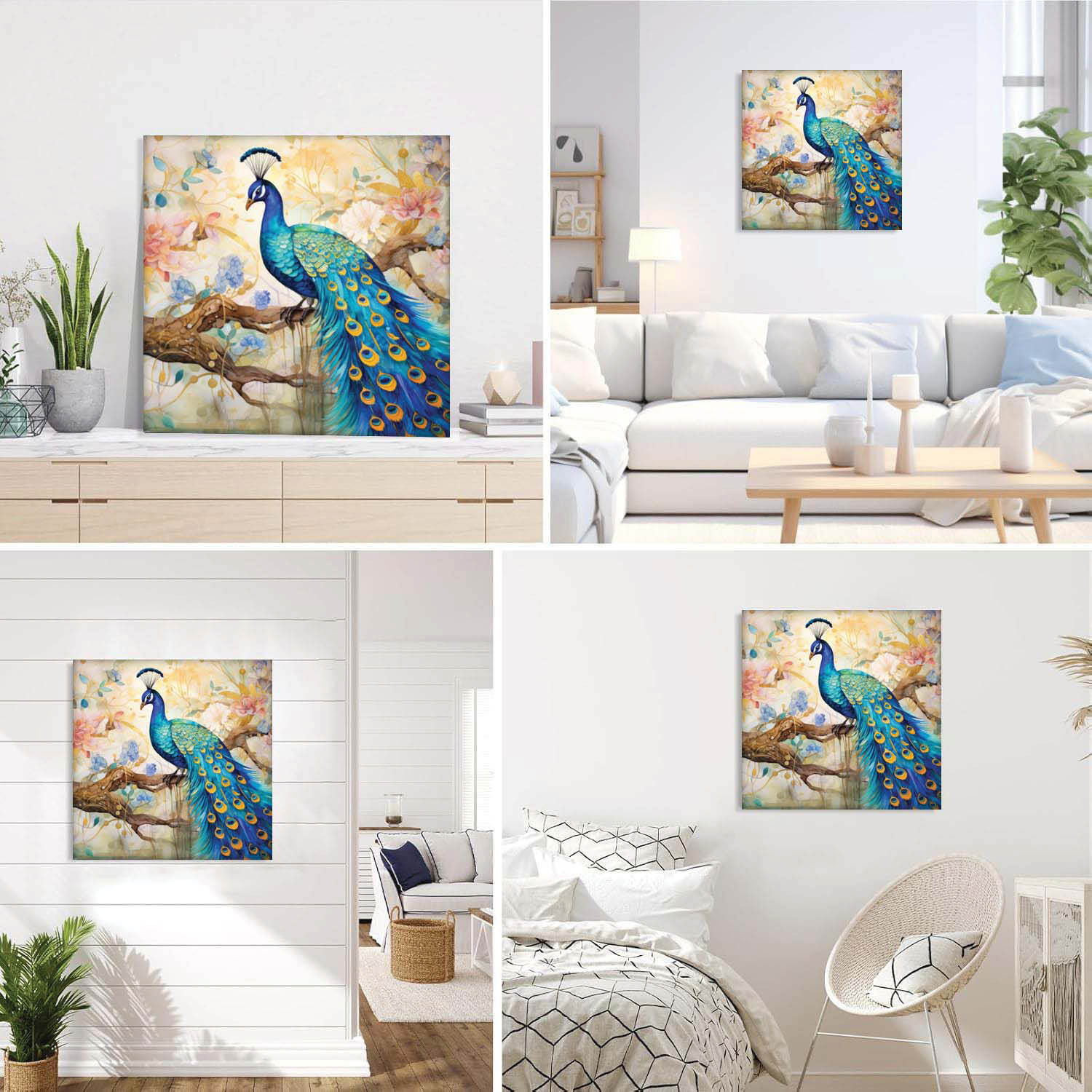Image of BOSCO Royal Peacock Canvas Wall Art Canvas 16 inch x 16 inch Painting (With Frame)