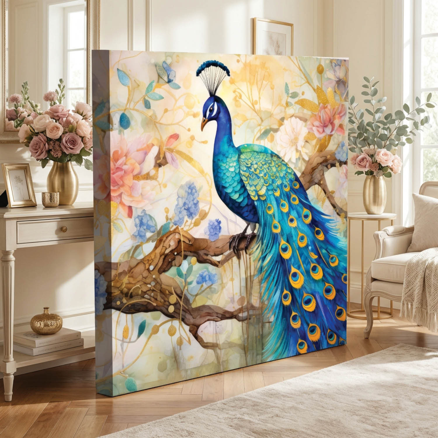 Image of BOSCO Royal Peacock Canvas Wall Art Canvas 16 inch x 16 inch Painting (With Frame)