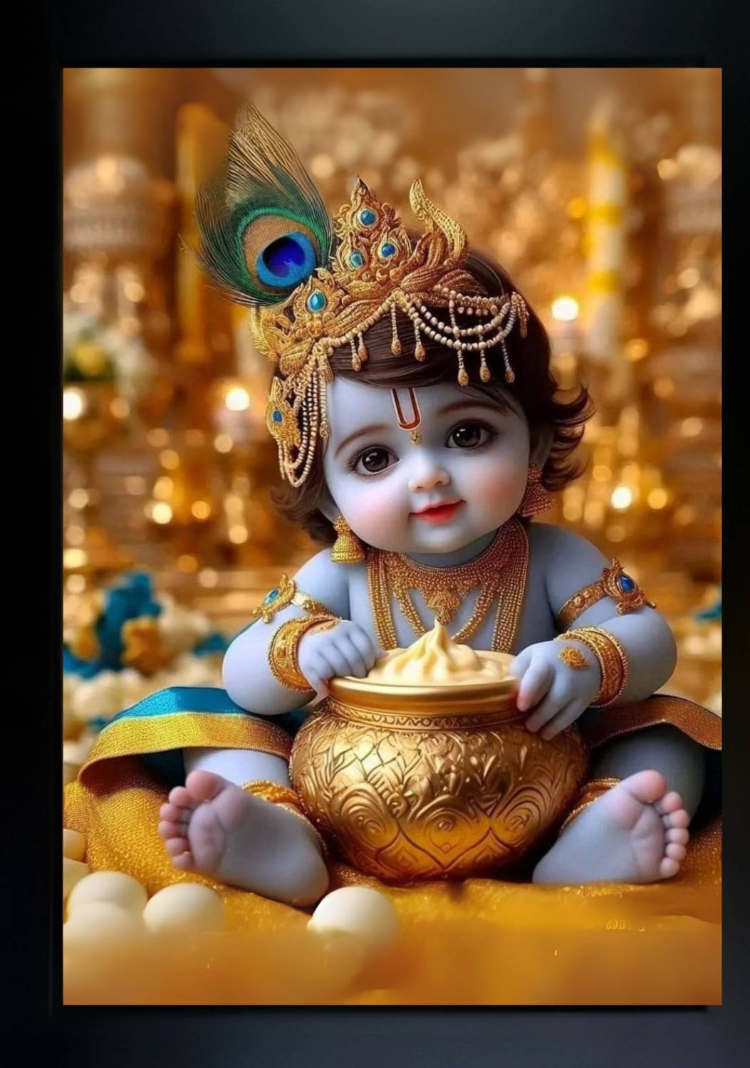 Meclay Arts Rare Lord Krishna Baby Child Photo Cute Bal Krishna Acrylic 14 inch x 10 inch Painting