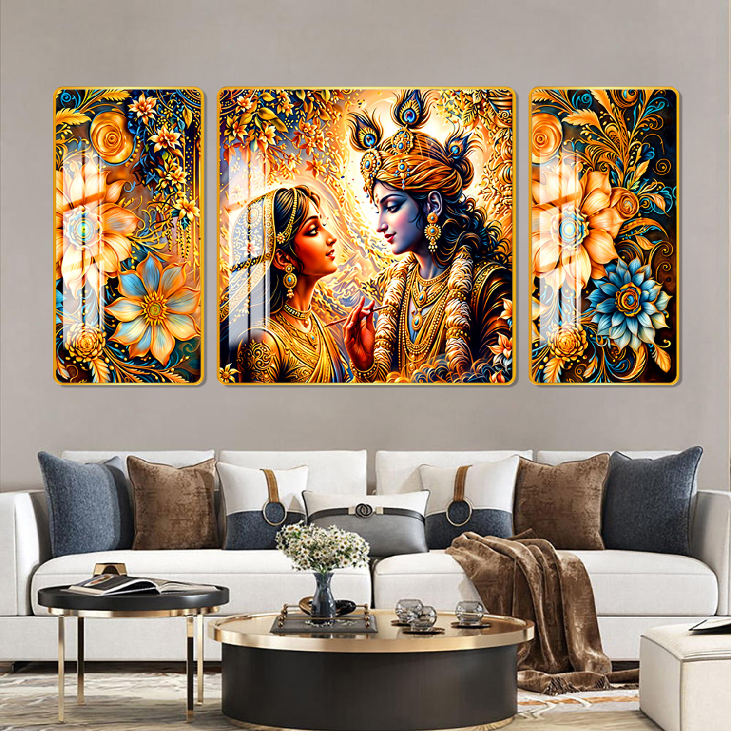 Image of WALLMAX Set of 3 Premium Radha Krishna Crystal Wall Painting Home Decorative Gift Item Resin Painting 16 inch x 32 inch Painting
